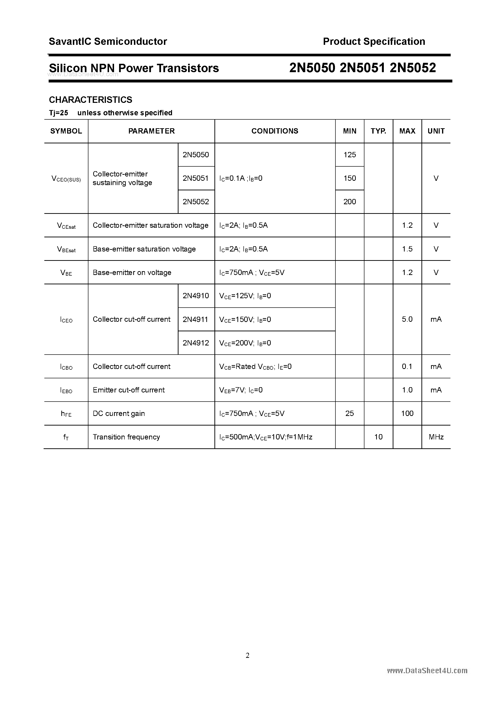 Даташит на микросхему 2N5050 страница 2 Даташит 2N5050 - (2N5050 - 2N5052) Silicon NPN Power Transistors страница 2