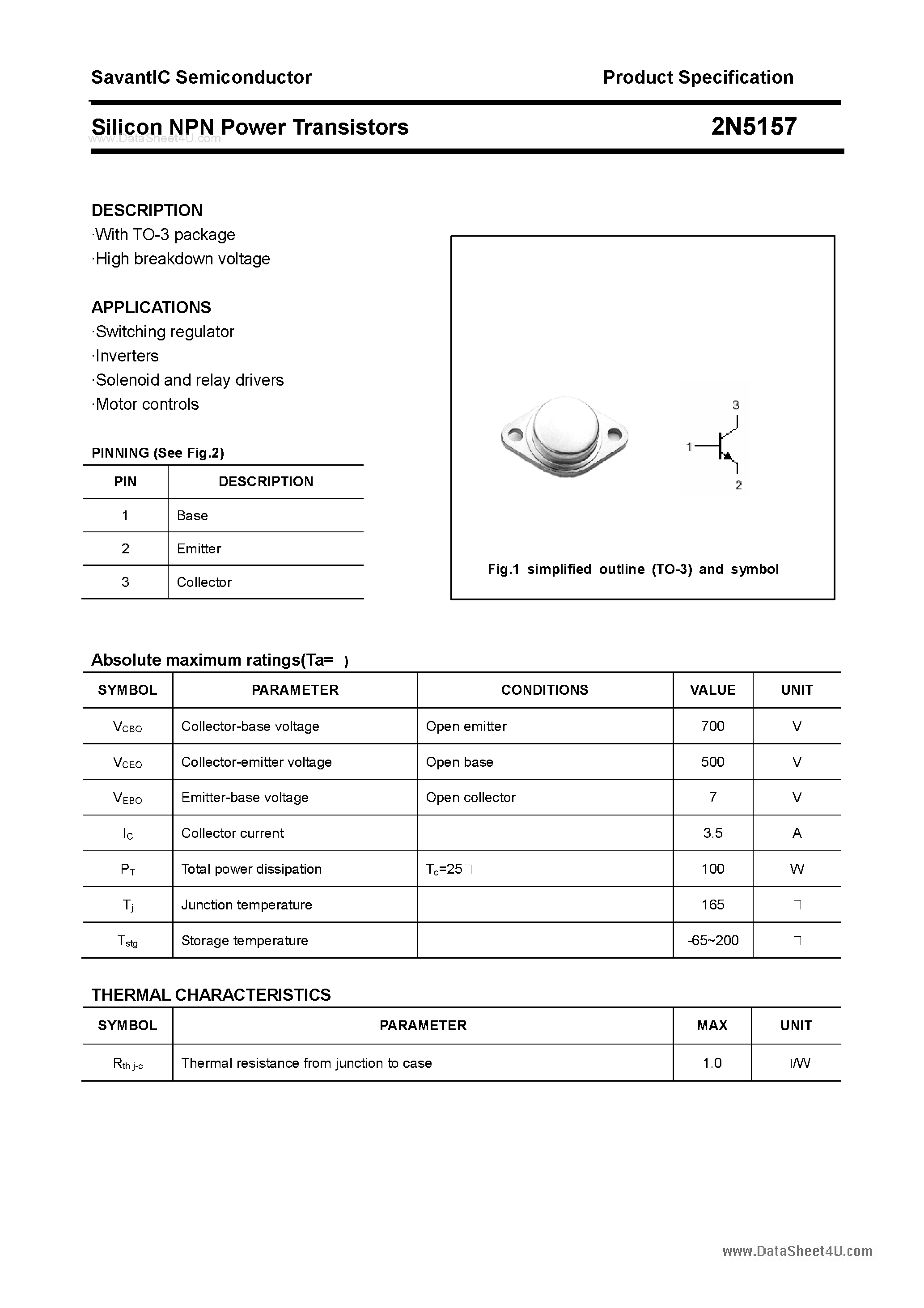 Даташит на микросхему 2N5157 страница 1 Даташит 2N5157 - Silicon NPN Power Transistors страница 1