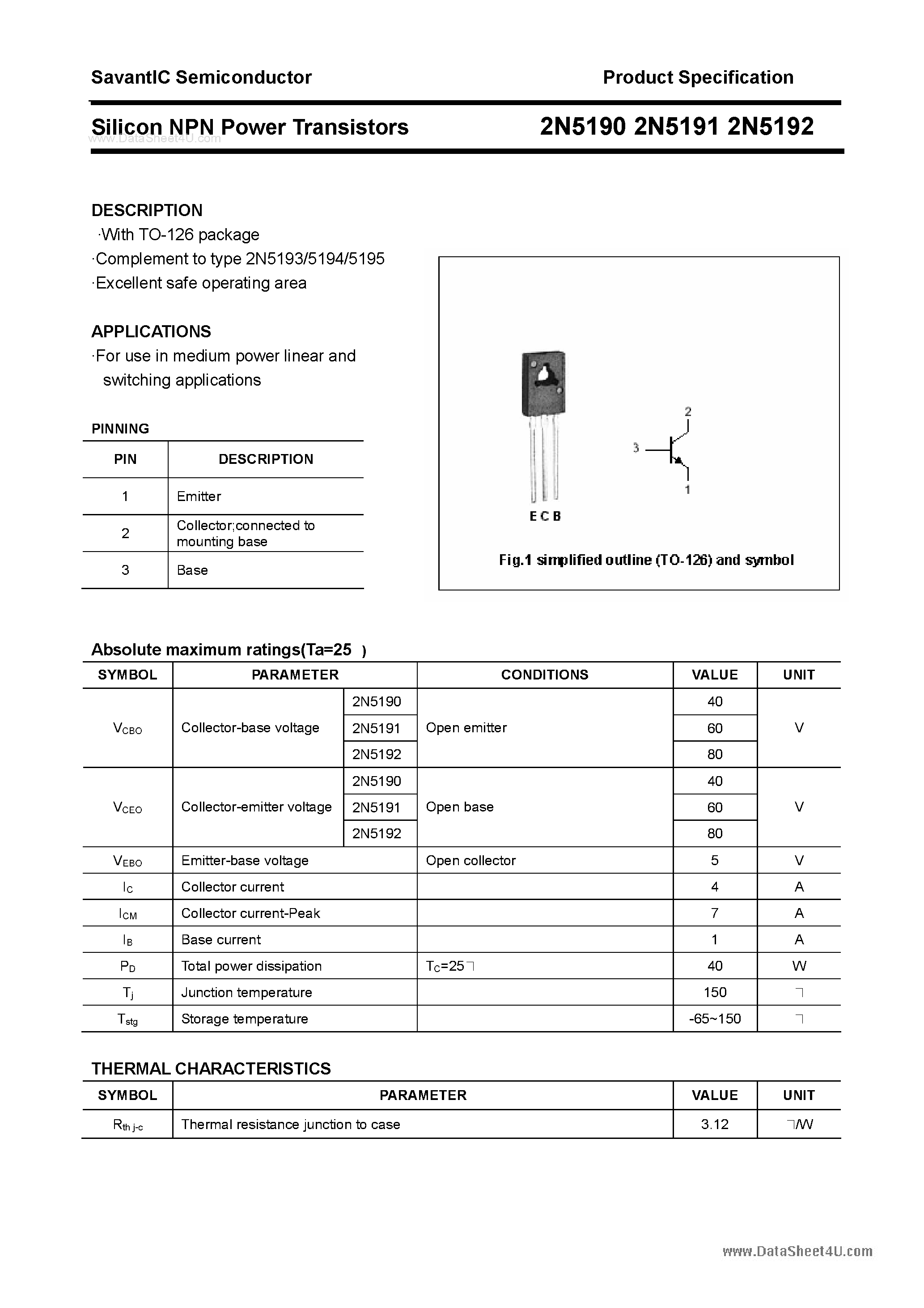 Даташит на микросхему 2N5190 страница 1 Даташит 2N5190 - (2N5190 - 2N5192) Silicon NPN Power Transistors страница 1