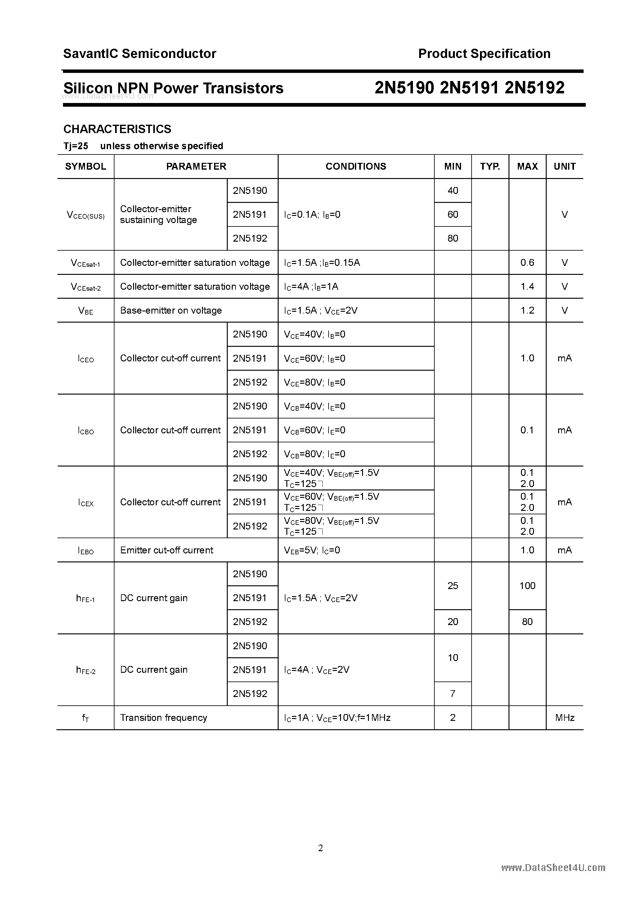 Даташит на микросхему 2N5190 страница 2 Даташит 2N5190 - (2N5190 - 2N5192) Silicon NPN Power Transistors страница 2