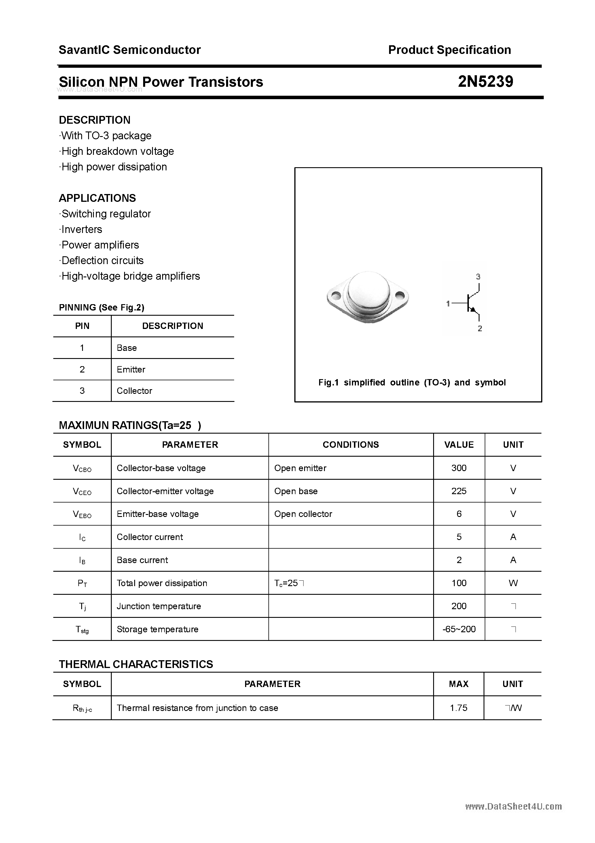 Даташит на микросхему 2N5239 страница 1 Даташит 2N5239 - Silicon NPN Power Transistors страница 1