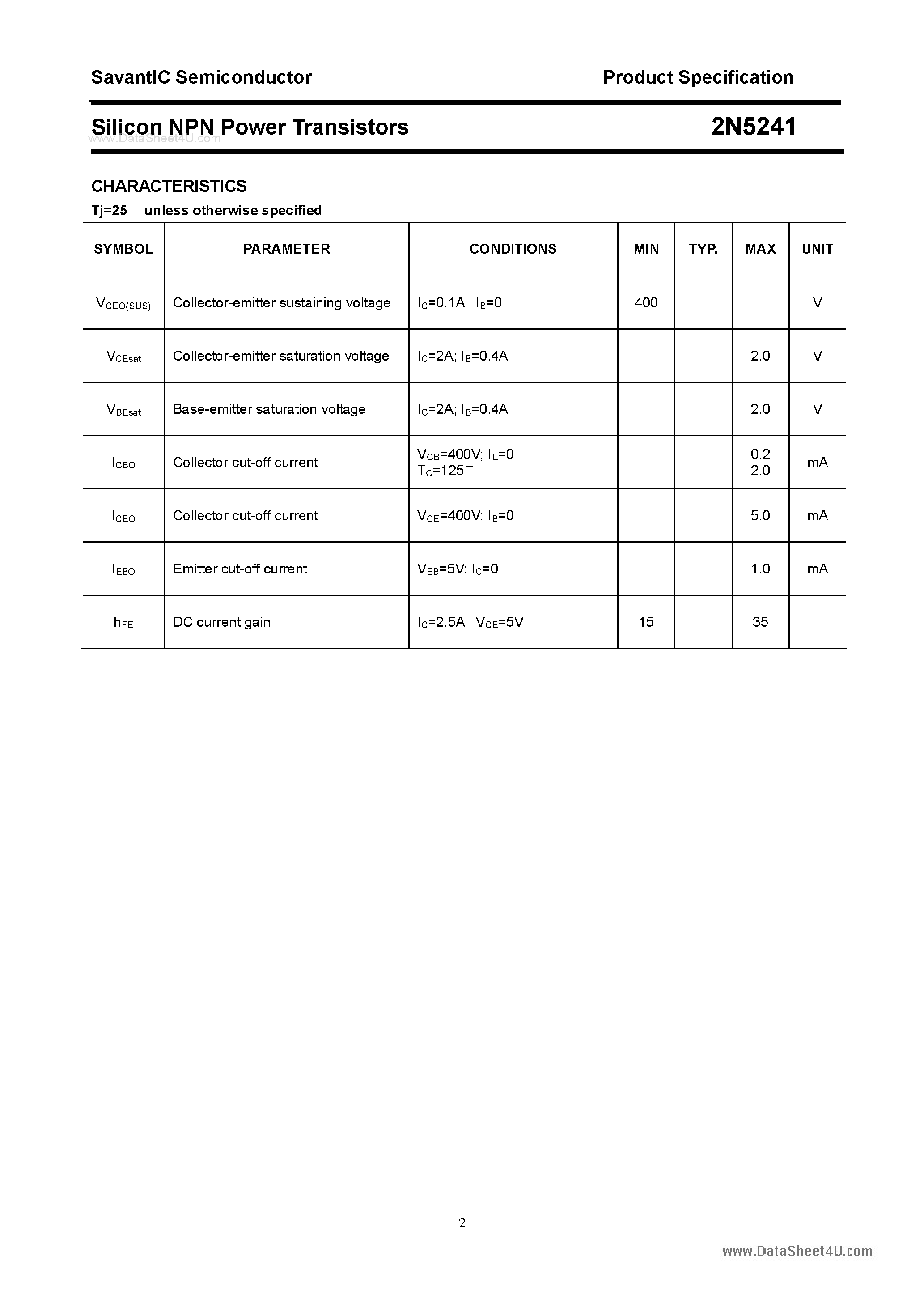 Даташит на микросхему 2N5241 страница 2 Даташит 2N5241 - Silicon NPN Power Transistors страница 2