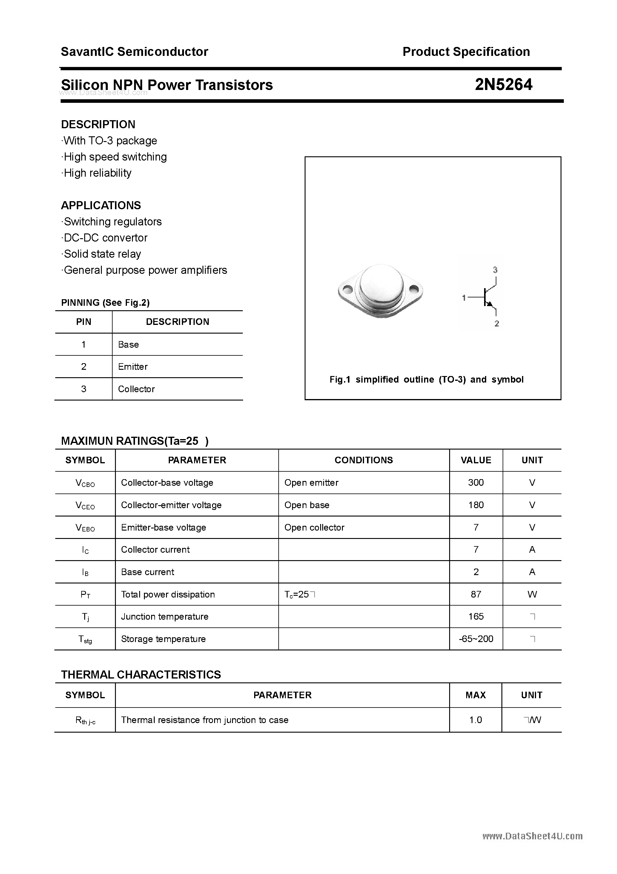 Даташит на микросхему 2N5264 страница 1 Даташит 2N5264 - Silicon NPN Power Transistors страница 1