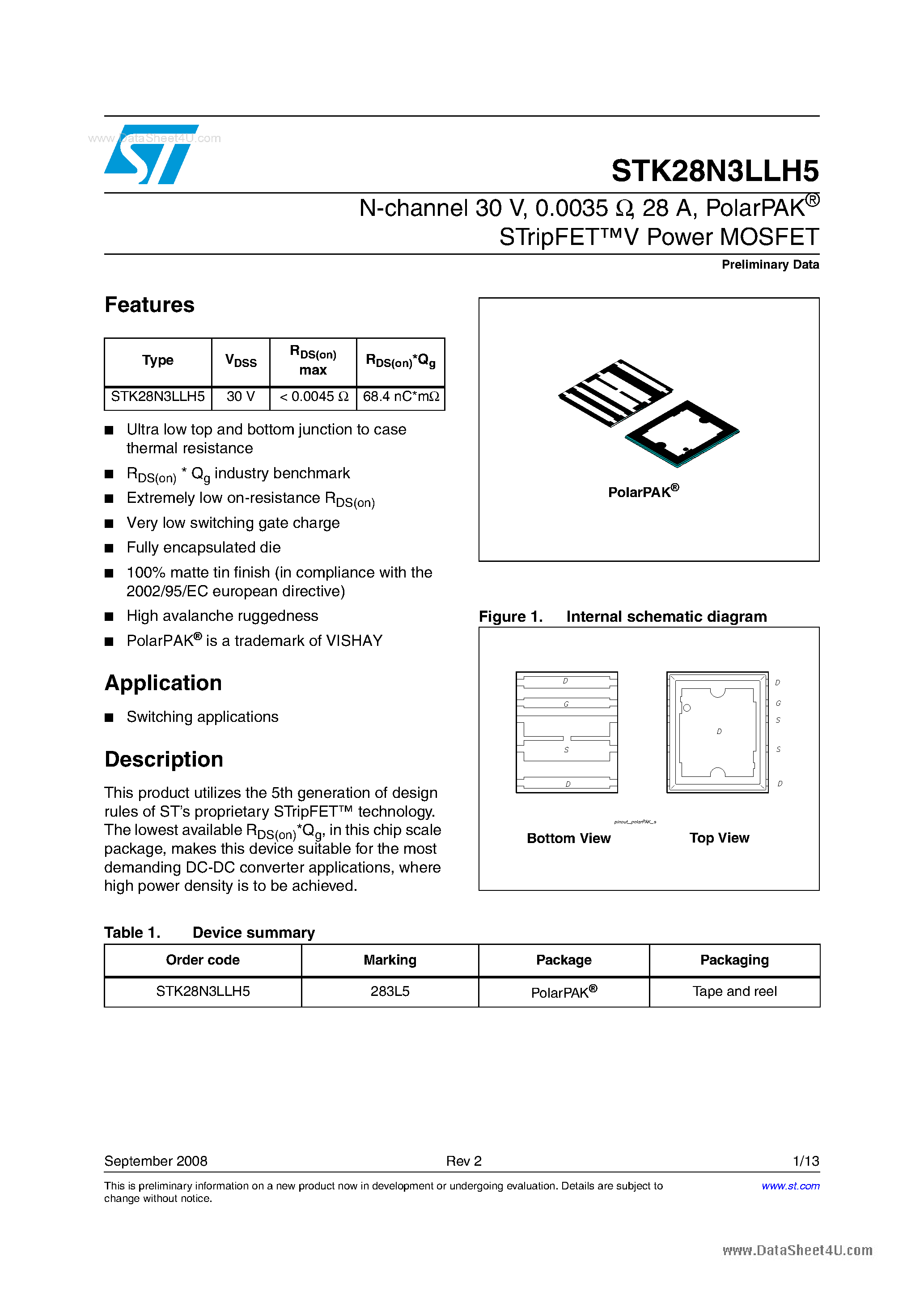 Даташит на микросхему STK28N3LLH5 страница 1 Даташит STK28N3LLH5 - N-channel Power MOSFET страница 1