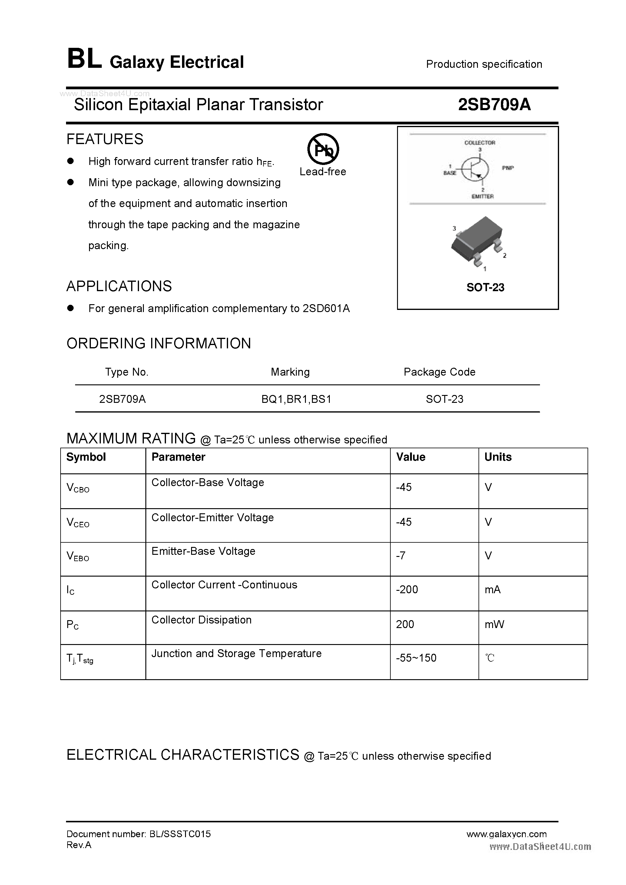 Datasheet 2SB709A page 1 Datasheet 2SB709A - Silicon Epitaxial Planar Transistor page 1
