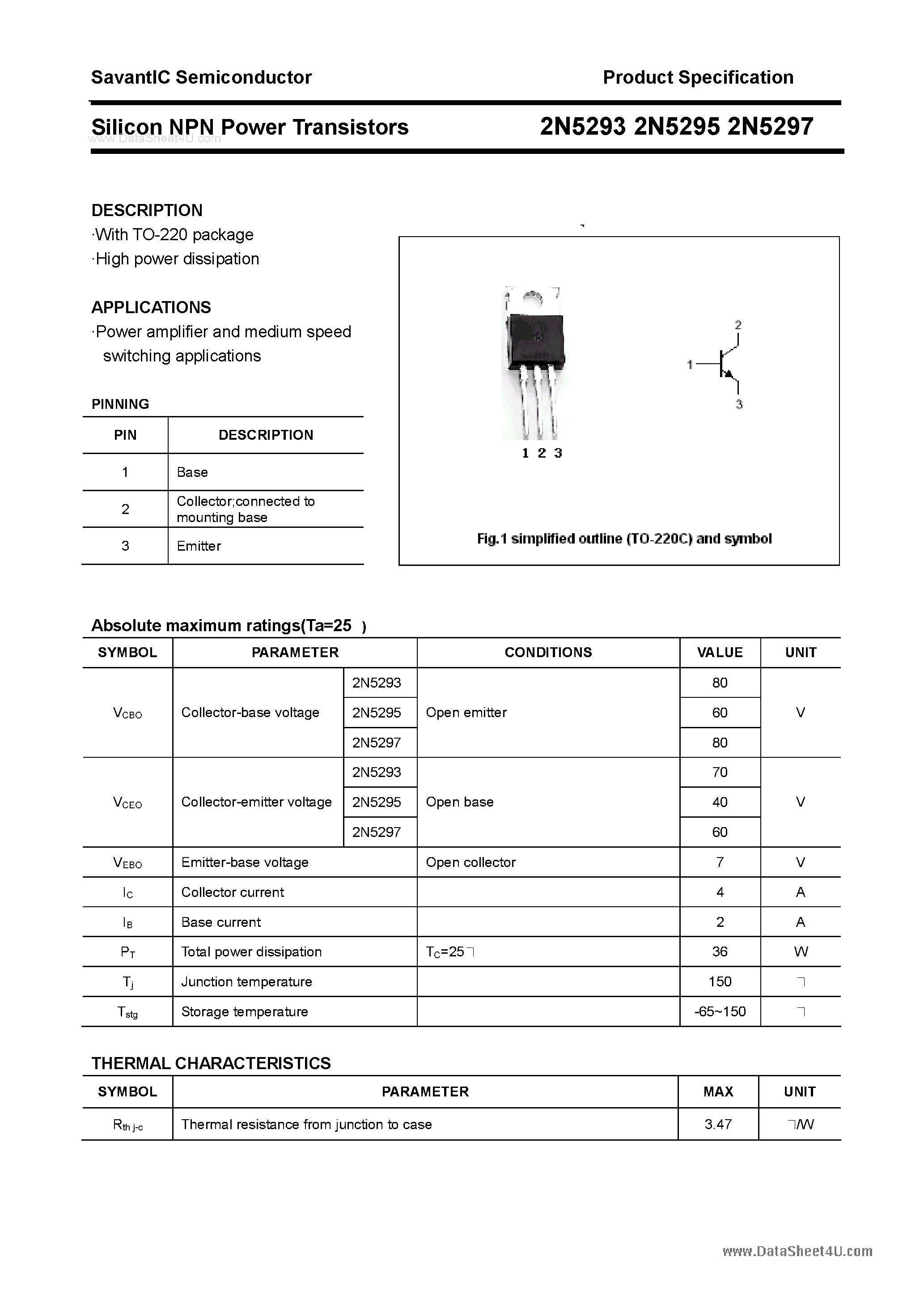 Даташит на микросхему 2N5293 страница 1 Даташит 2N5293 - (2N5293 - 2N5297) Silicon NPN Power Transistors страница 1
