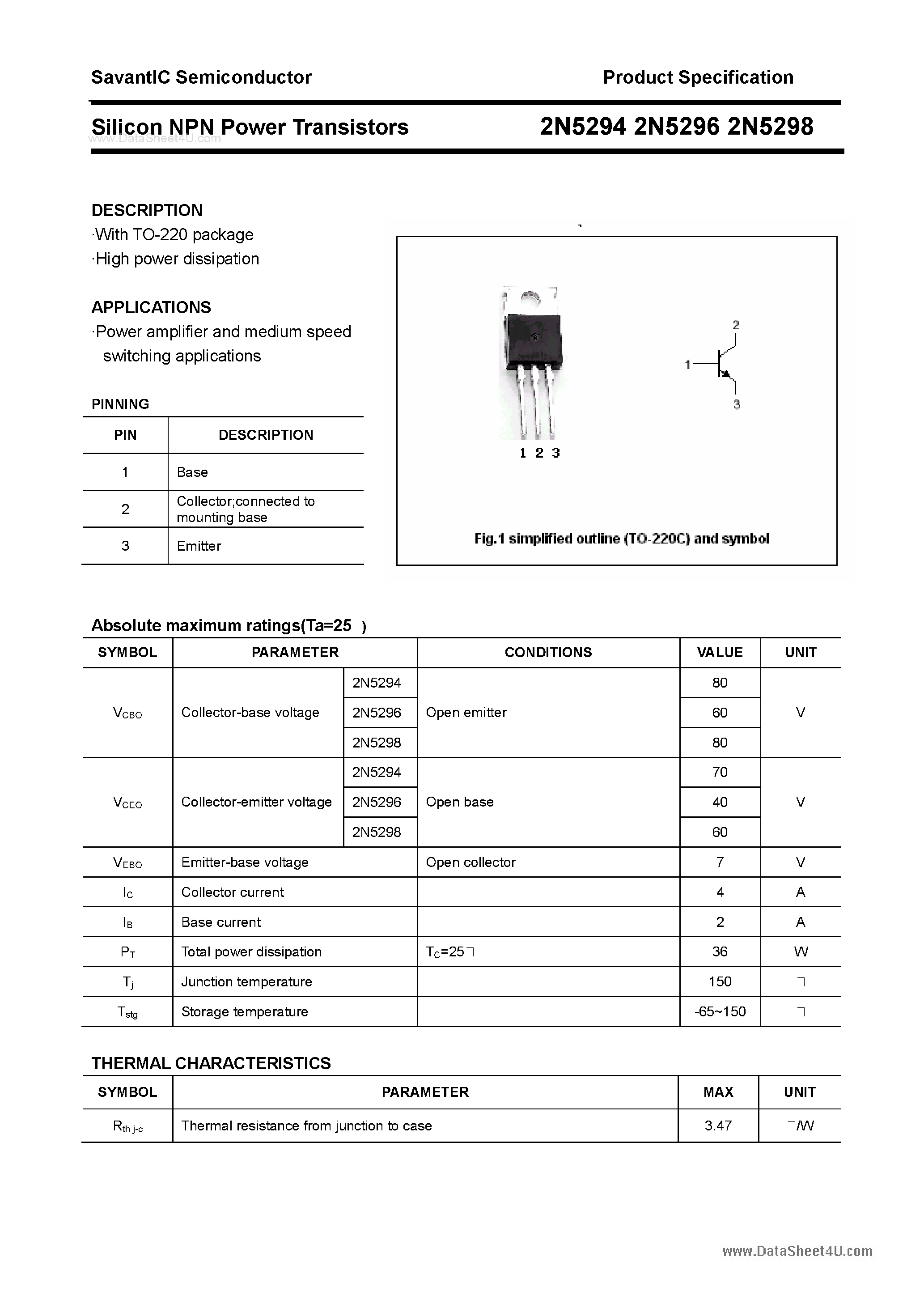 Даташит на микросхему 2N5294 страница 1 Даташит 2N5294 - (2N5294 - 2N5298) Silicon NPN Power Transistors страница 1