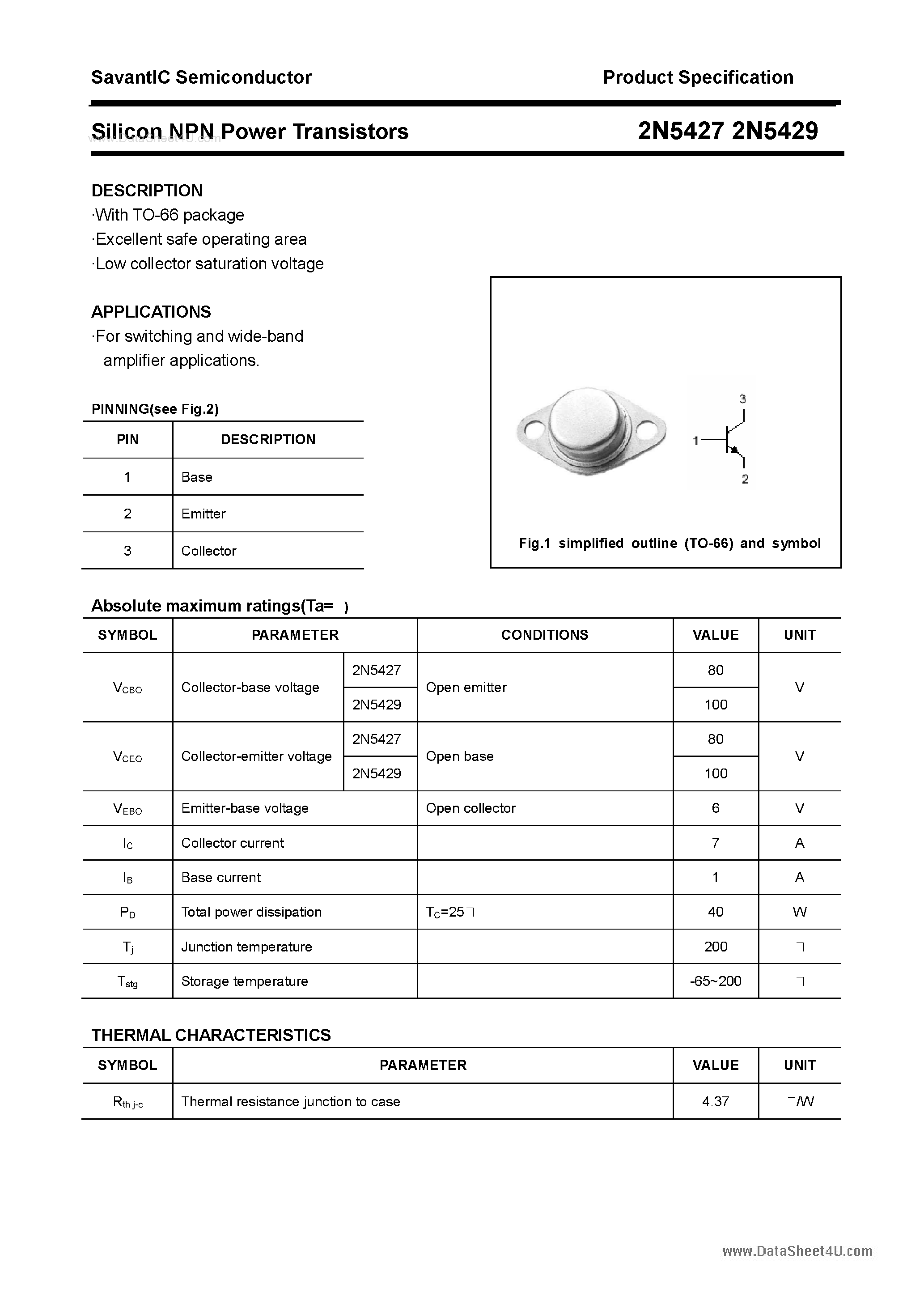 Даташит на микросхему 2N5427 страница 1 Даташит 2N5427 - (2N5427 / 2N5429) Silicon NPN Power Transistors страница 1