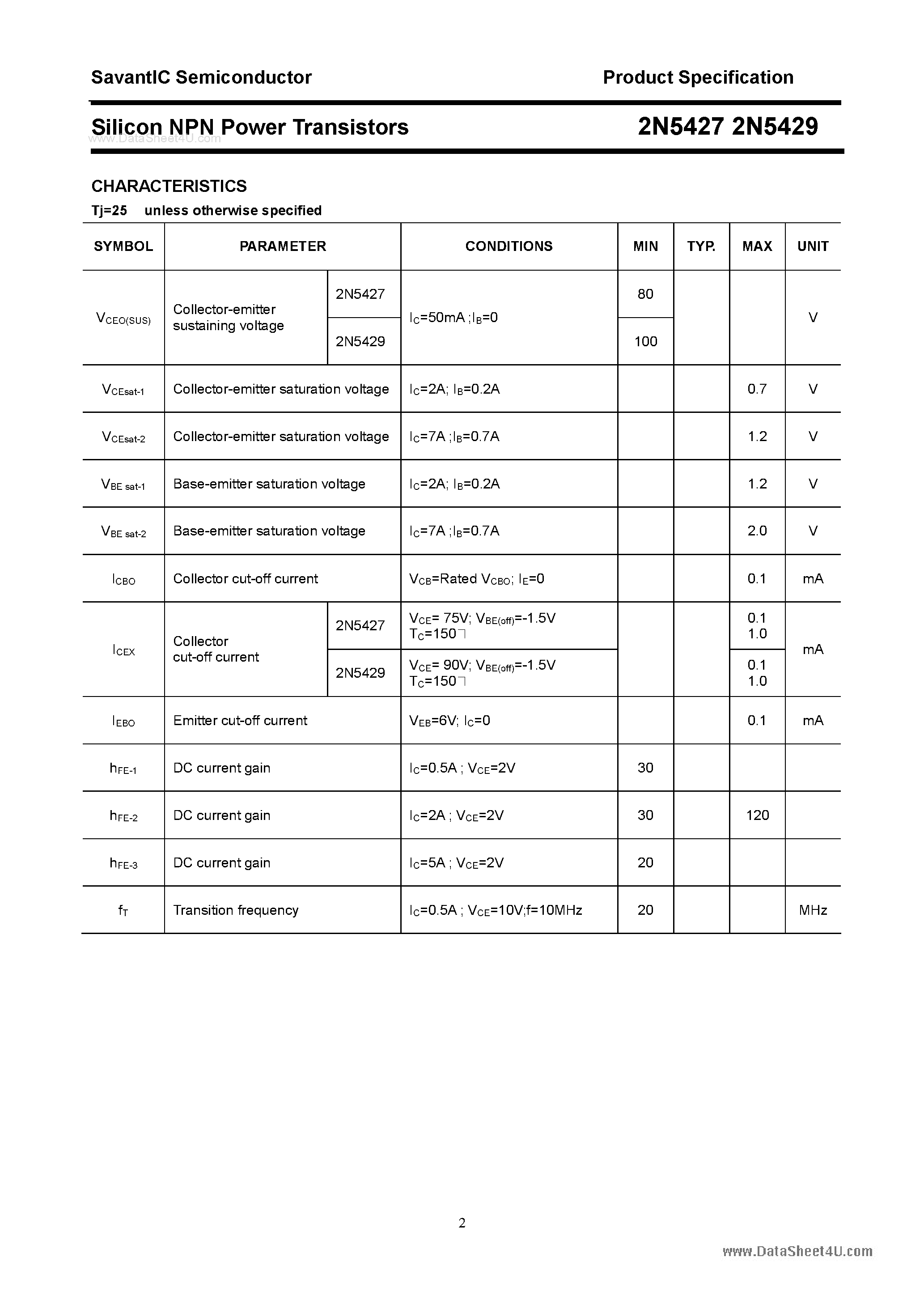 Даташит на микросхему 2N5427 страница 2 Даташит 2N5427 - (2N5427 / 2N5429) Silicon NPN Power Transistors страница 2