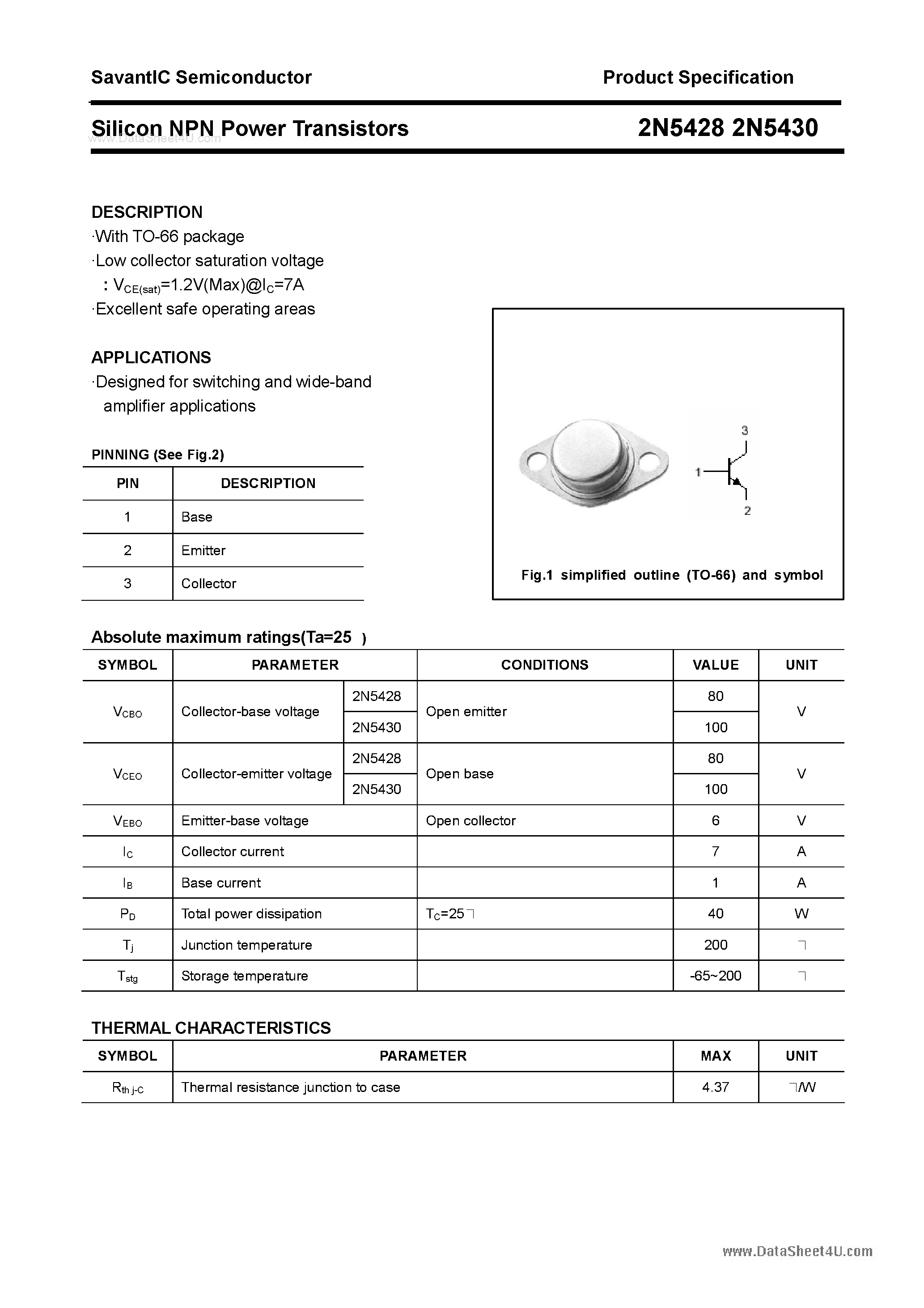 Даташит на микросхему 2N5428 страница 1 Даташит 2N5428 - (2N5428 / 2N5430) Silicon NPN Power Transistors страница 1