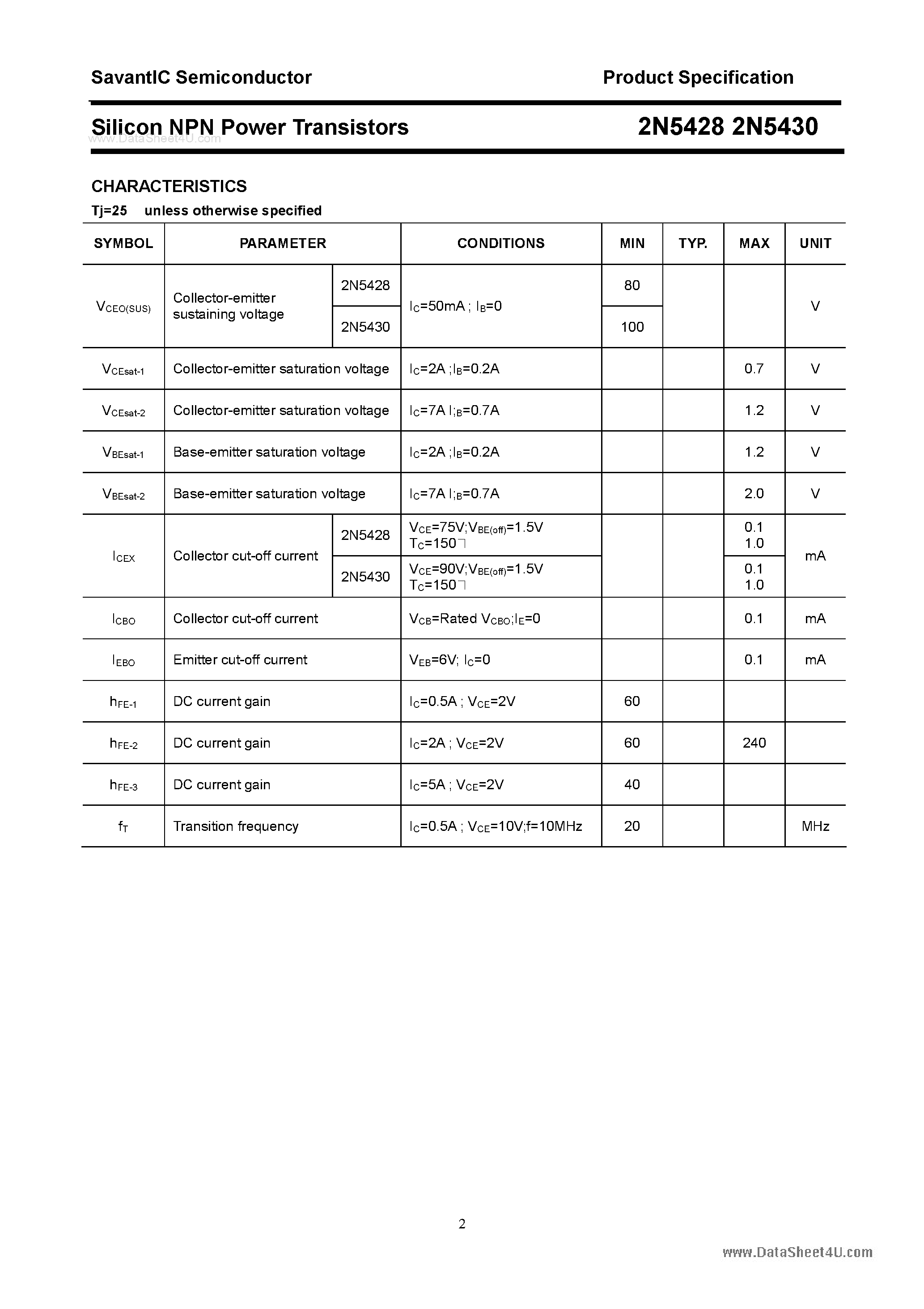 Даташит на микросхему 2N5428 страница 2 Даташит 2N5428 - (2N5428 / 2N5430) Silicon NPN Power Transistors страница 2