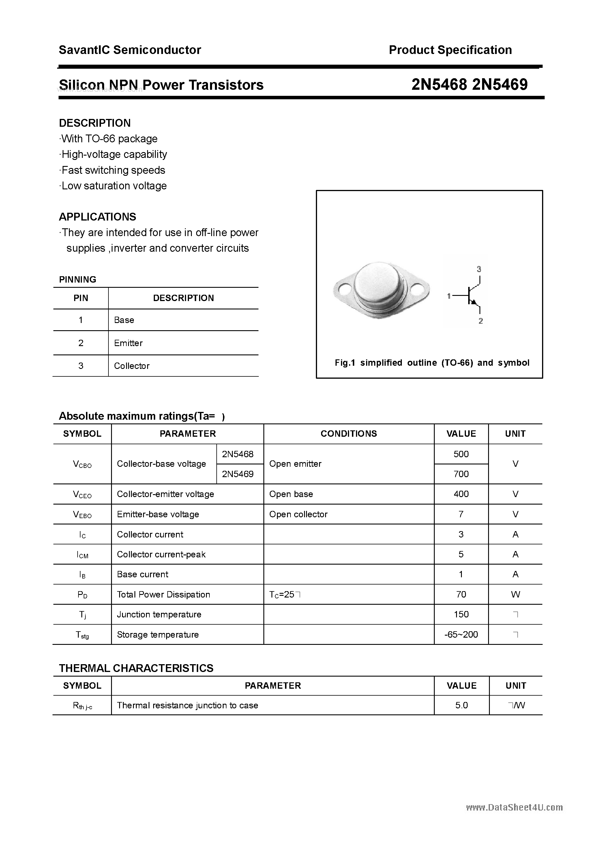 Даташит на микросхему 2N5469 страница 1 Даташит 2N5469 - (2N5468 / 2N5469) Silicon NPN Power Transistors страница 1
