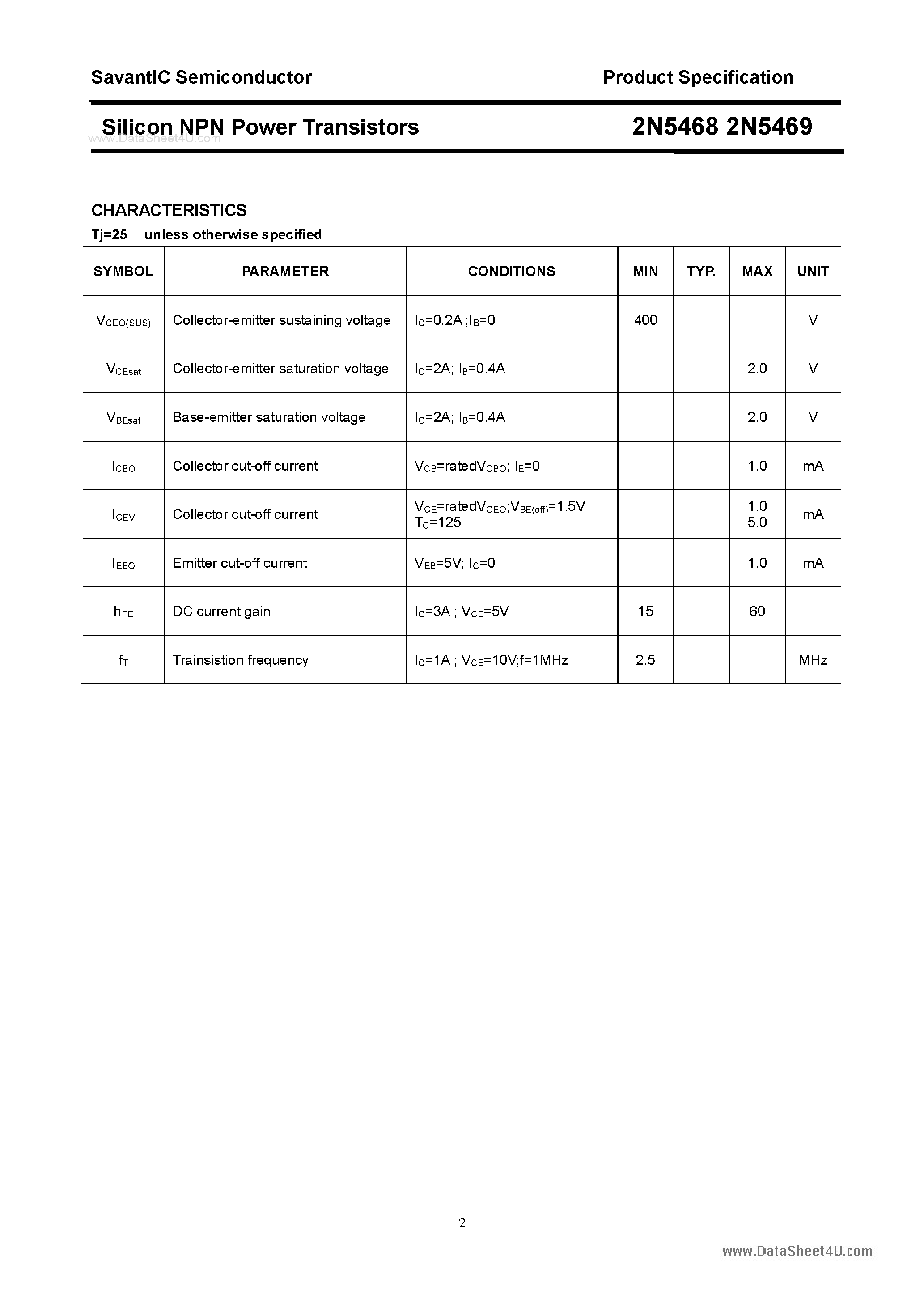 Даташит на микросхему 2N5469 страница 2 Даташит 2N5469 - (2N5468 / 2N5469) Silicon NPN Power Transistors страница 2