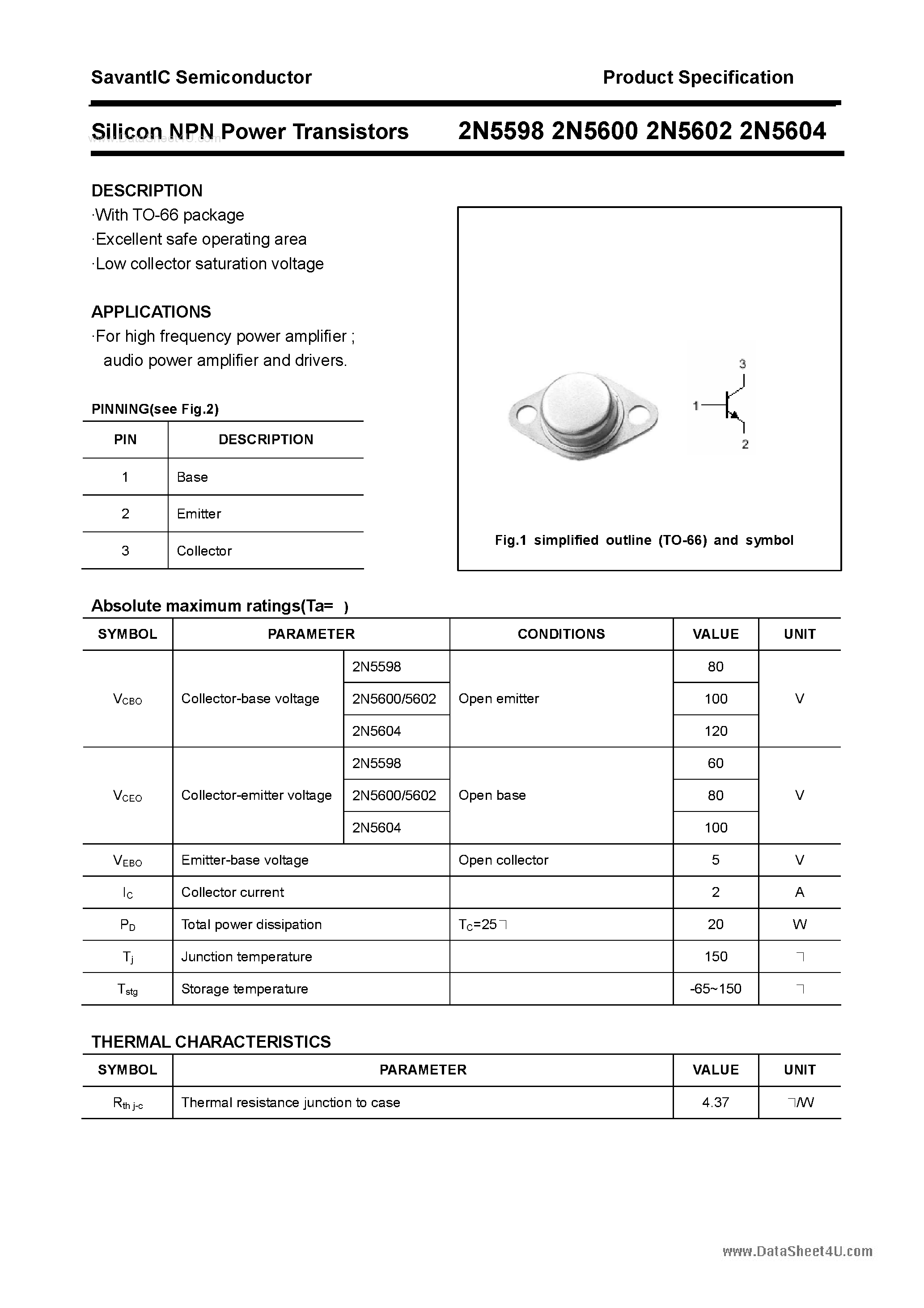 Даташит 2N5600 - (2N5598 - 2N5604) Silicon NPN Power Transistors страница 1