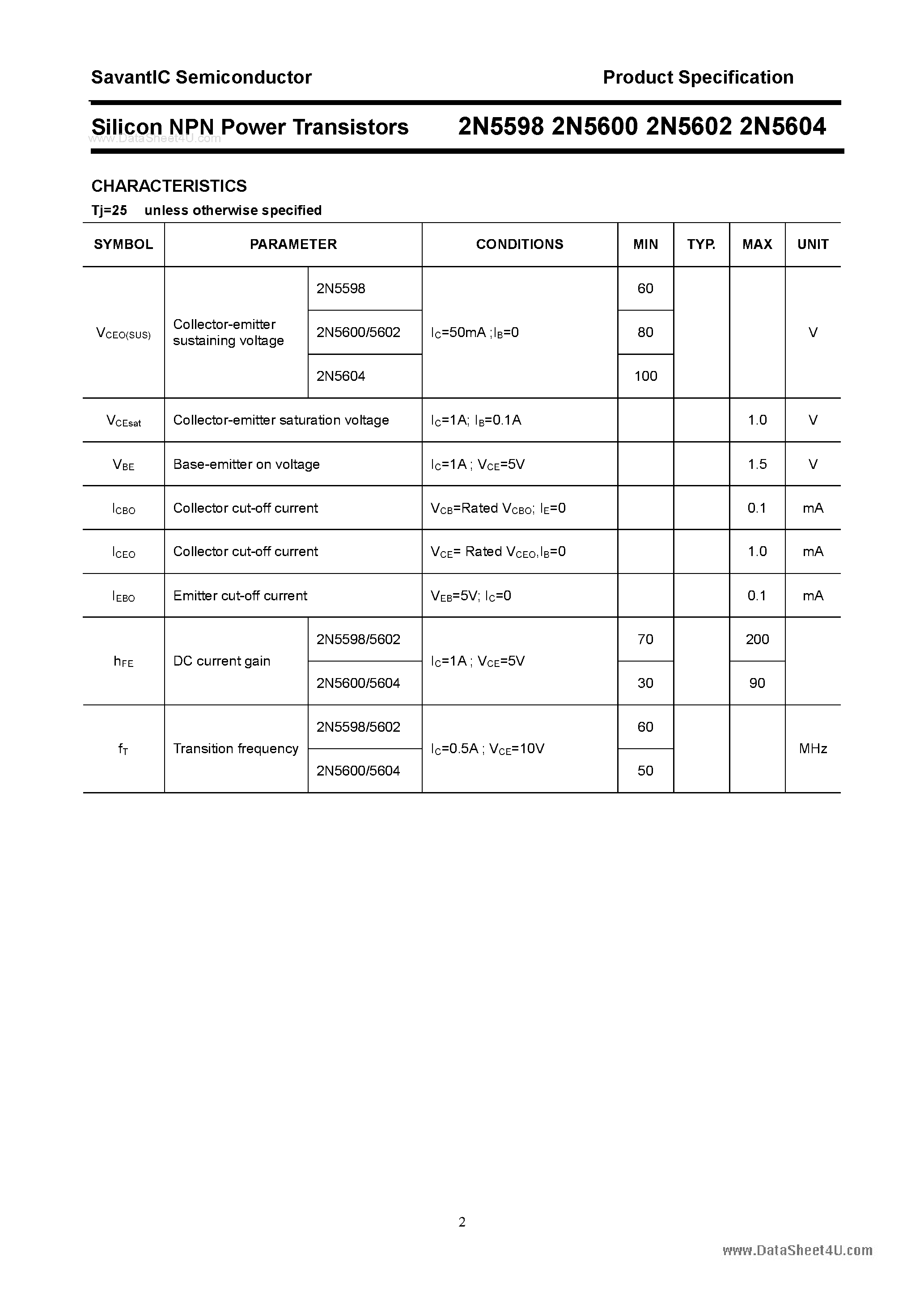 Даташит 2N5600 - (2N5598 - 2N5604) Silicon NPN Power Transistors страница 2