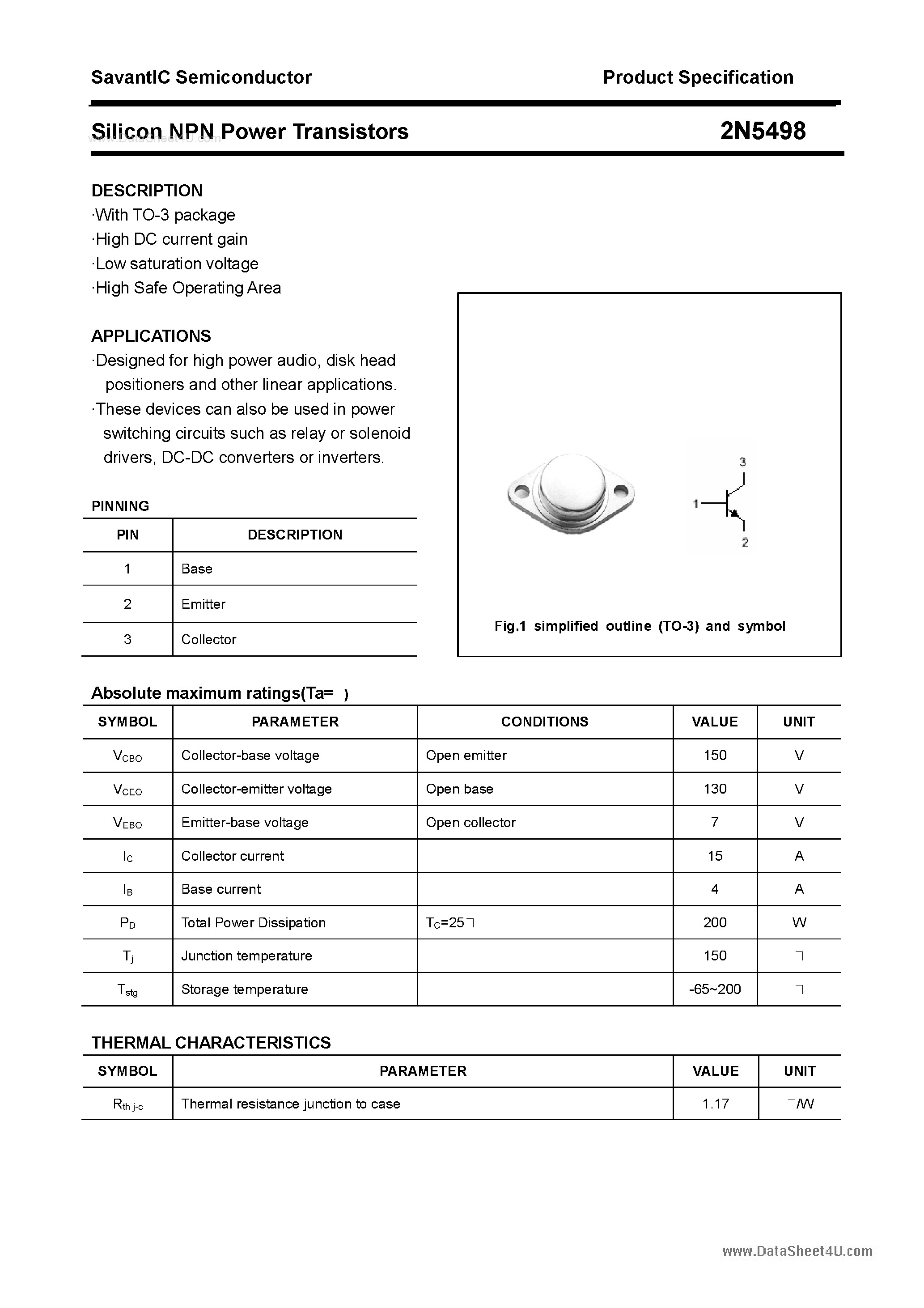 Даташит на микросхему 2N5498 страница 1 Даташит 2N5498 - Silicon NPN Power Transistors страница 1