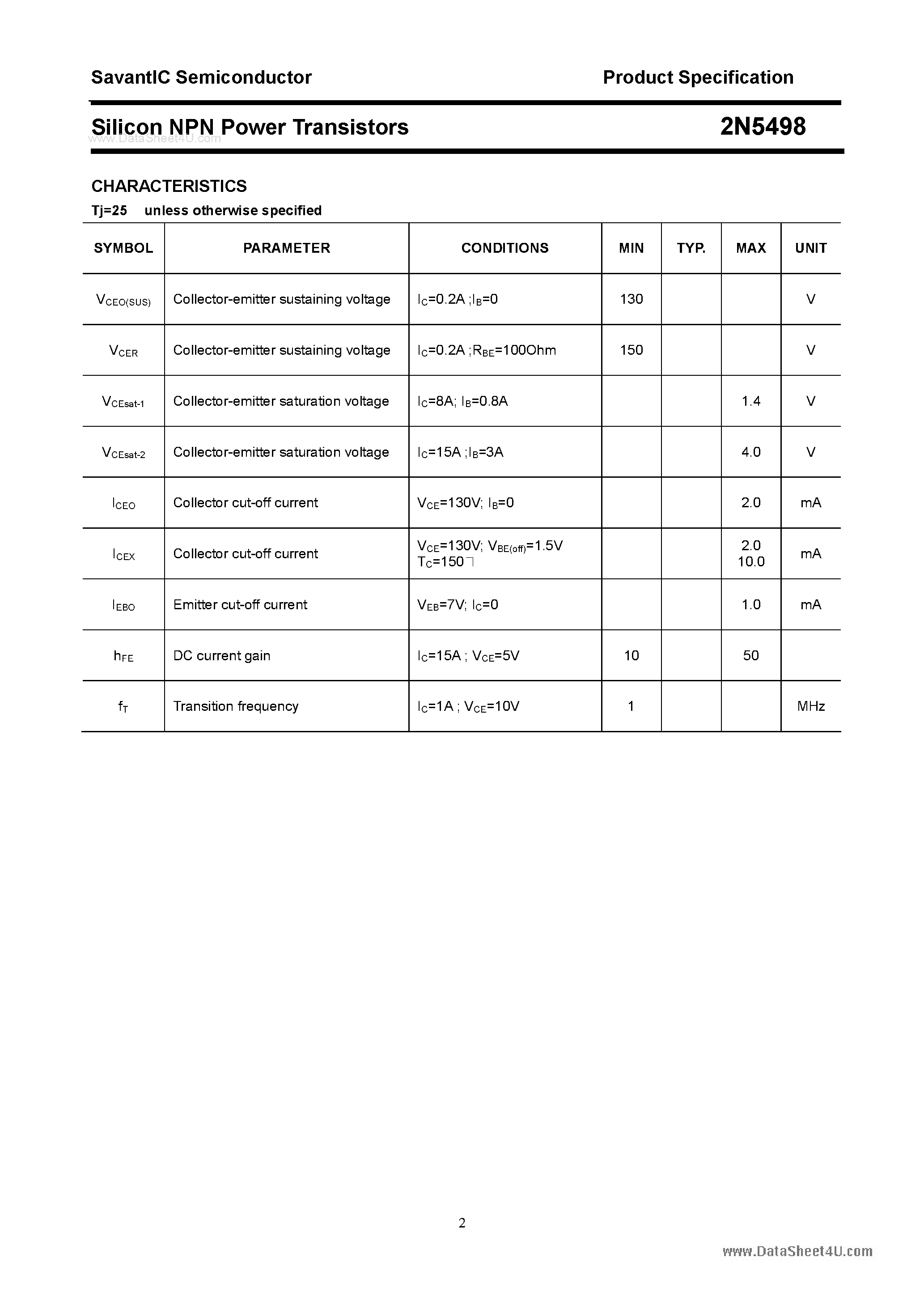 Даташит на микросхему 2N5498 страница 2 Даташит 2N5498 - Silicon NPN Power Transistors страница 2