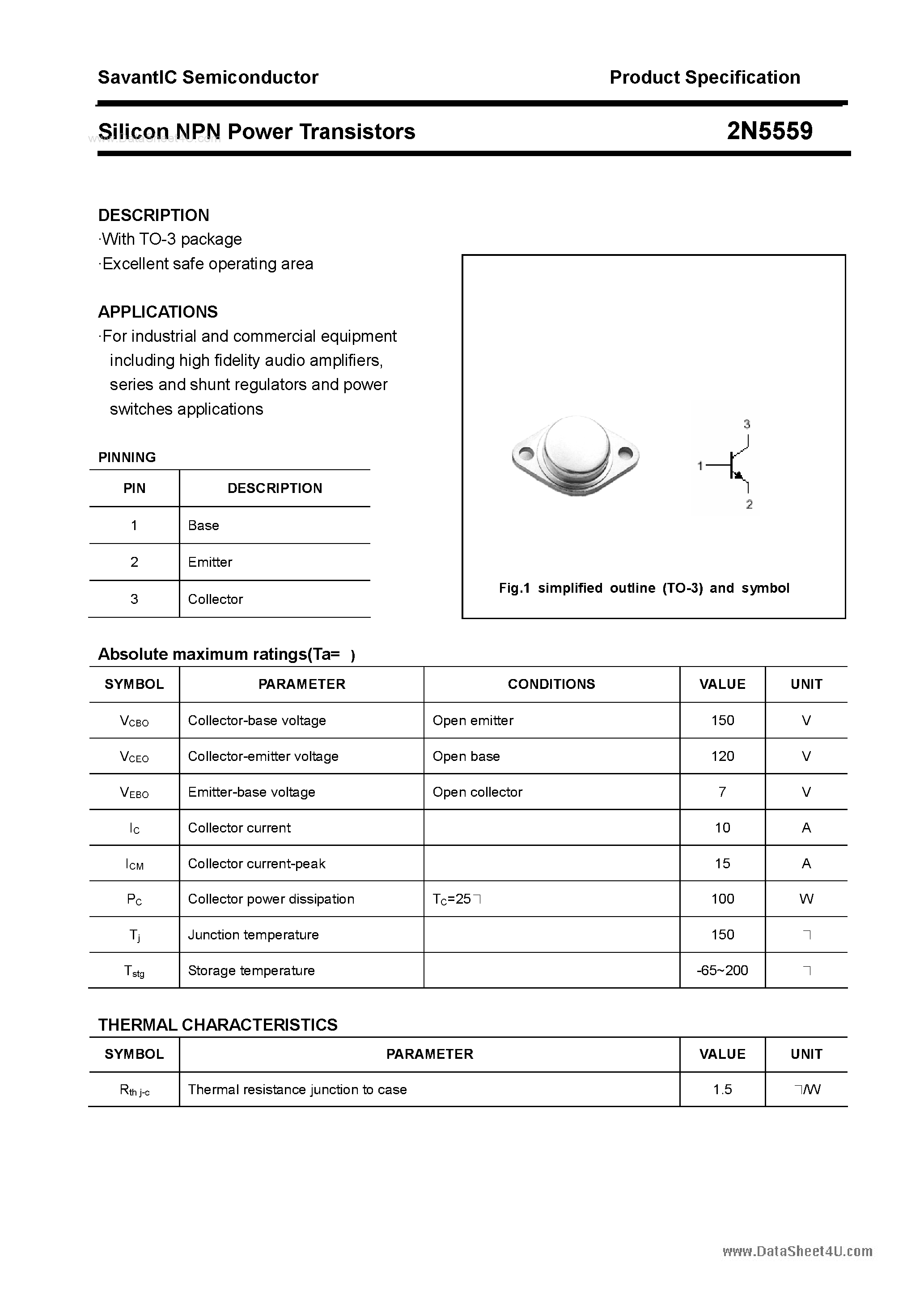 Даташит 2N5559 - Silicon NPN Power Transistors страница 1
