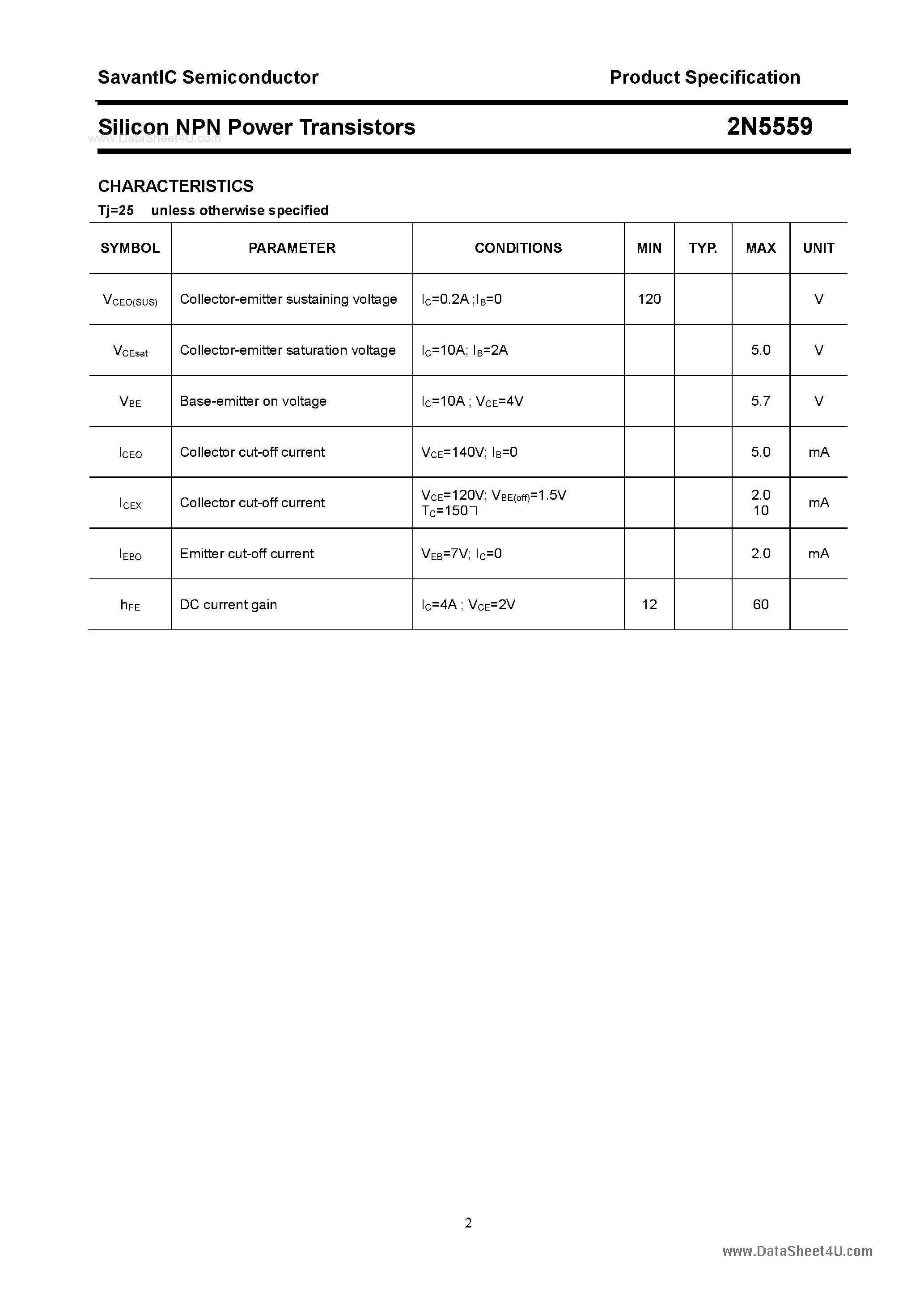 Даташит 2N5559 - Silicon NPN Power Transistors страница 2