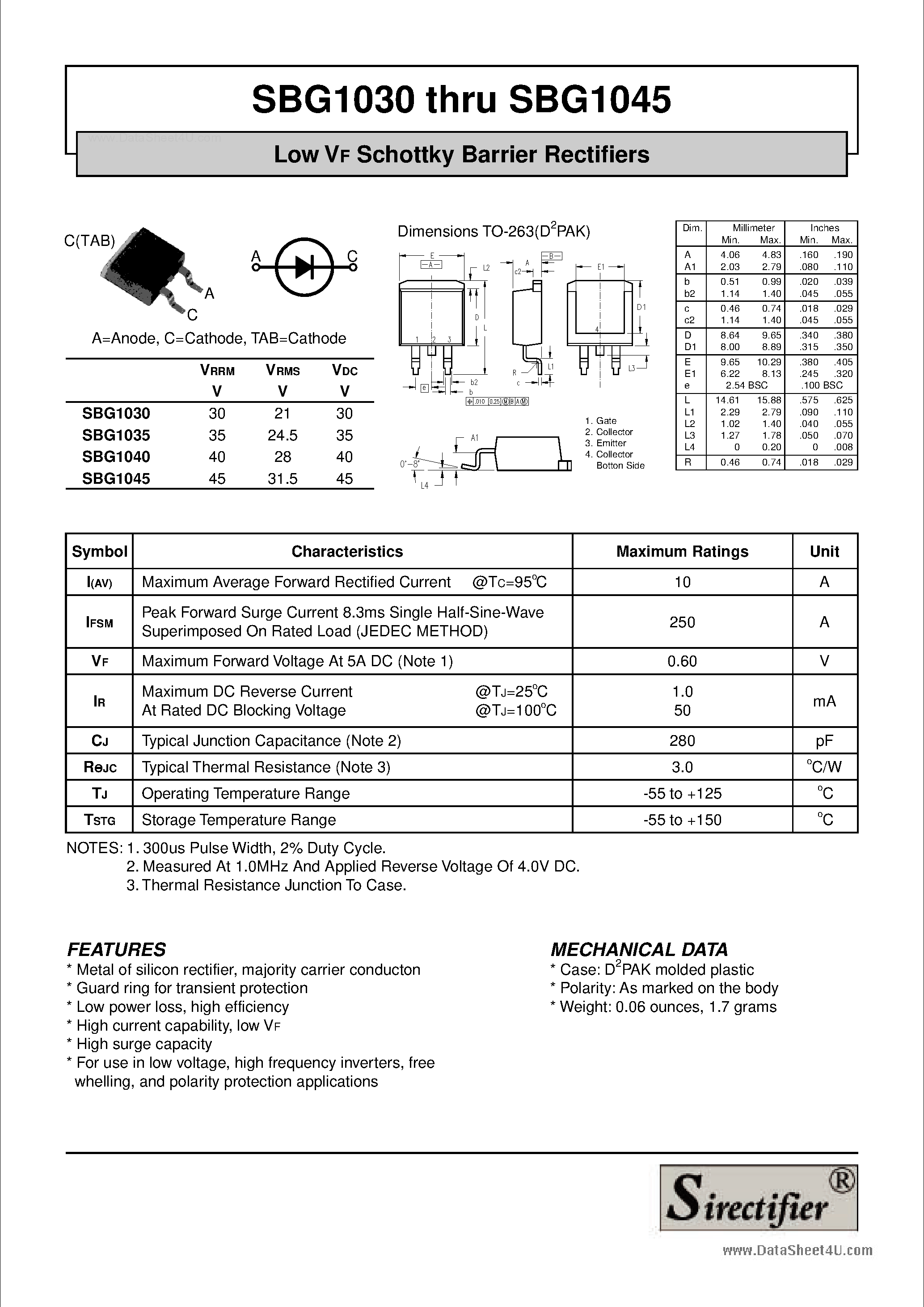 Datasheet SBG1030 page 1 Datasheet SBG1030 - (SBG1030 - SBG1045) Low VF Schottky Barrier Rectifiers page 1