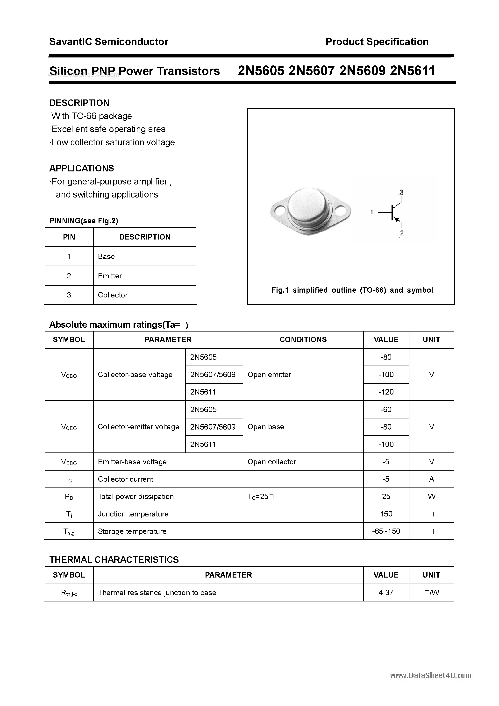 Даташит 2N5605 - (2N5605 - 2N5611) Silicon PNP Power Transistors страница 1