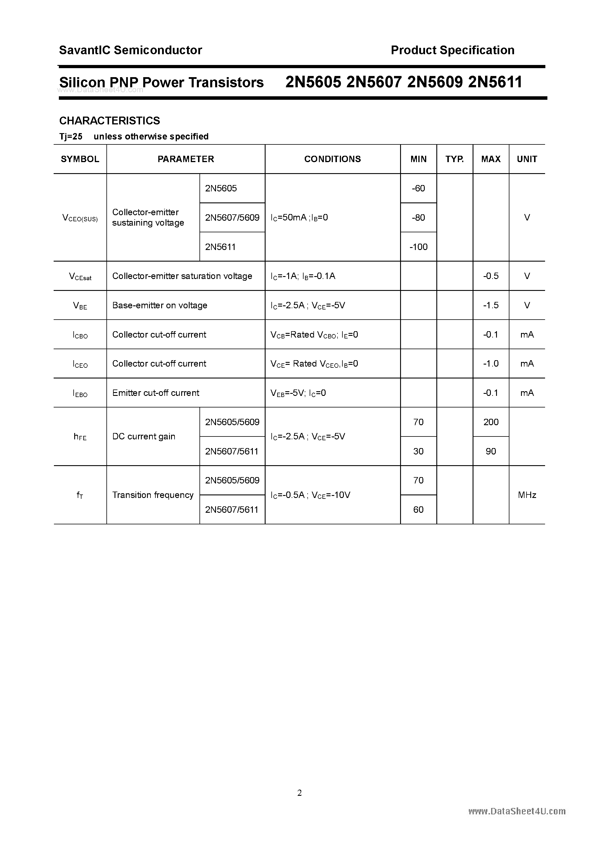 Даташит 2N5605 - (2N5605 - 2N5611) Silicon PNP Power Transistors страница 2