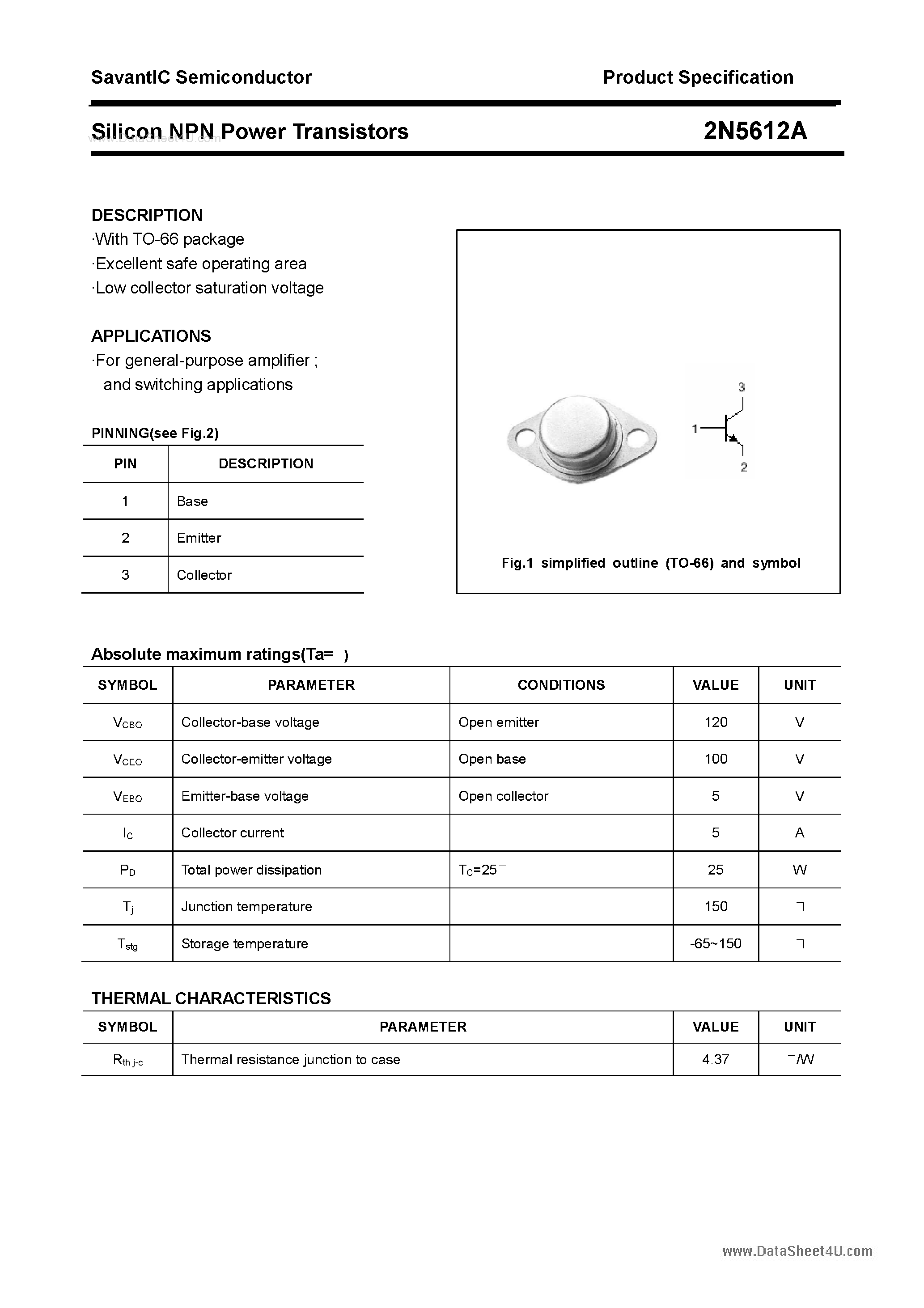 Даташит 2N5612A - Silicon NPN Power Transistors страница 1