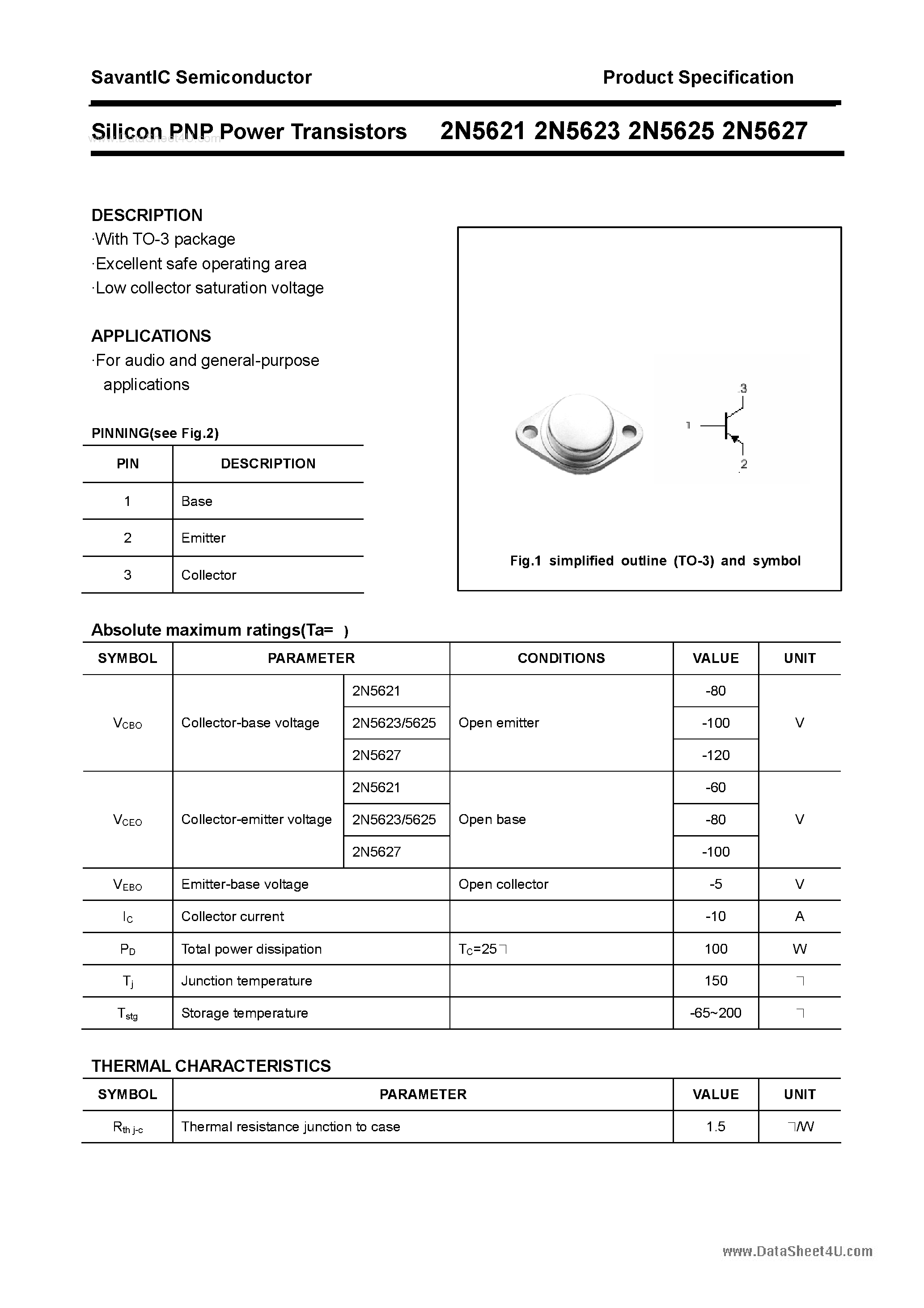 Даташит на микросхему 2N5621 страница 1 Даташит 2N5621 - (2N5621 - 2N5627) Silicon PNP Power Transistors страница 1