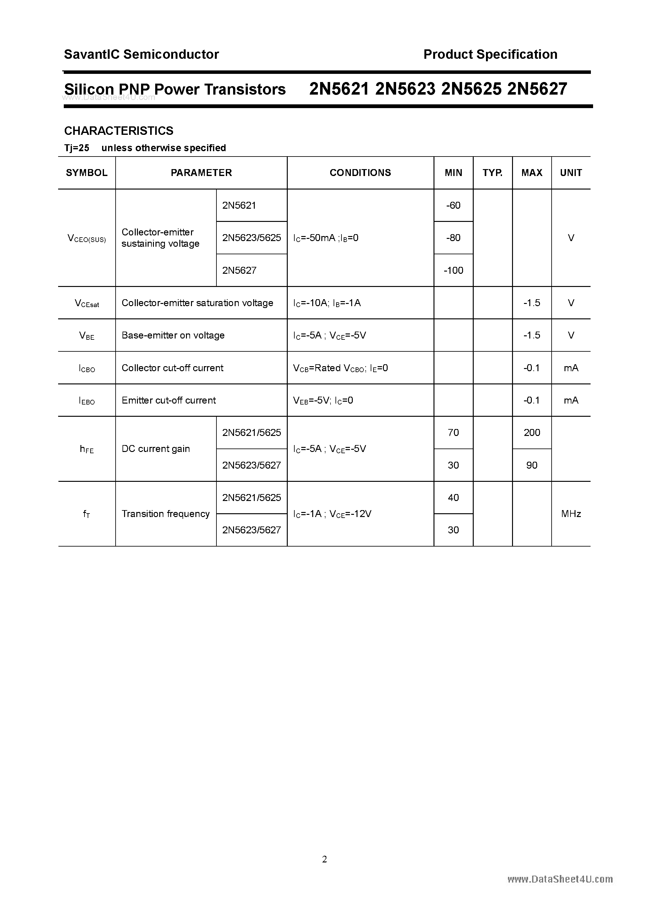 Даташит на микросхему 2N5621 страница 2 Даташит 2N5621 - (2N5621 - 2N5627) Silicon PNP Power Transistors страница 2