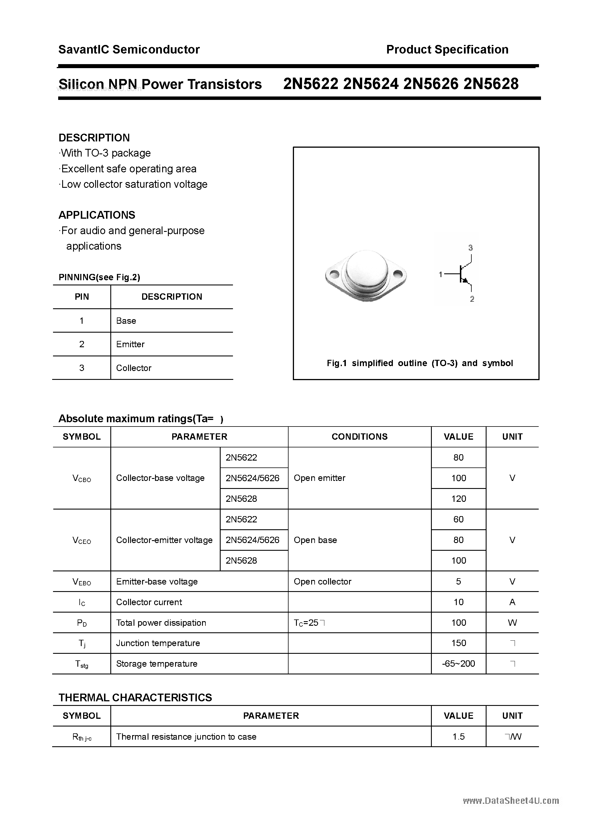 Даташит 2N5622 - (2N5622 - 2N5628) Silicon NPN Power Transistors страница 1