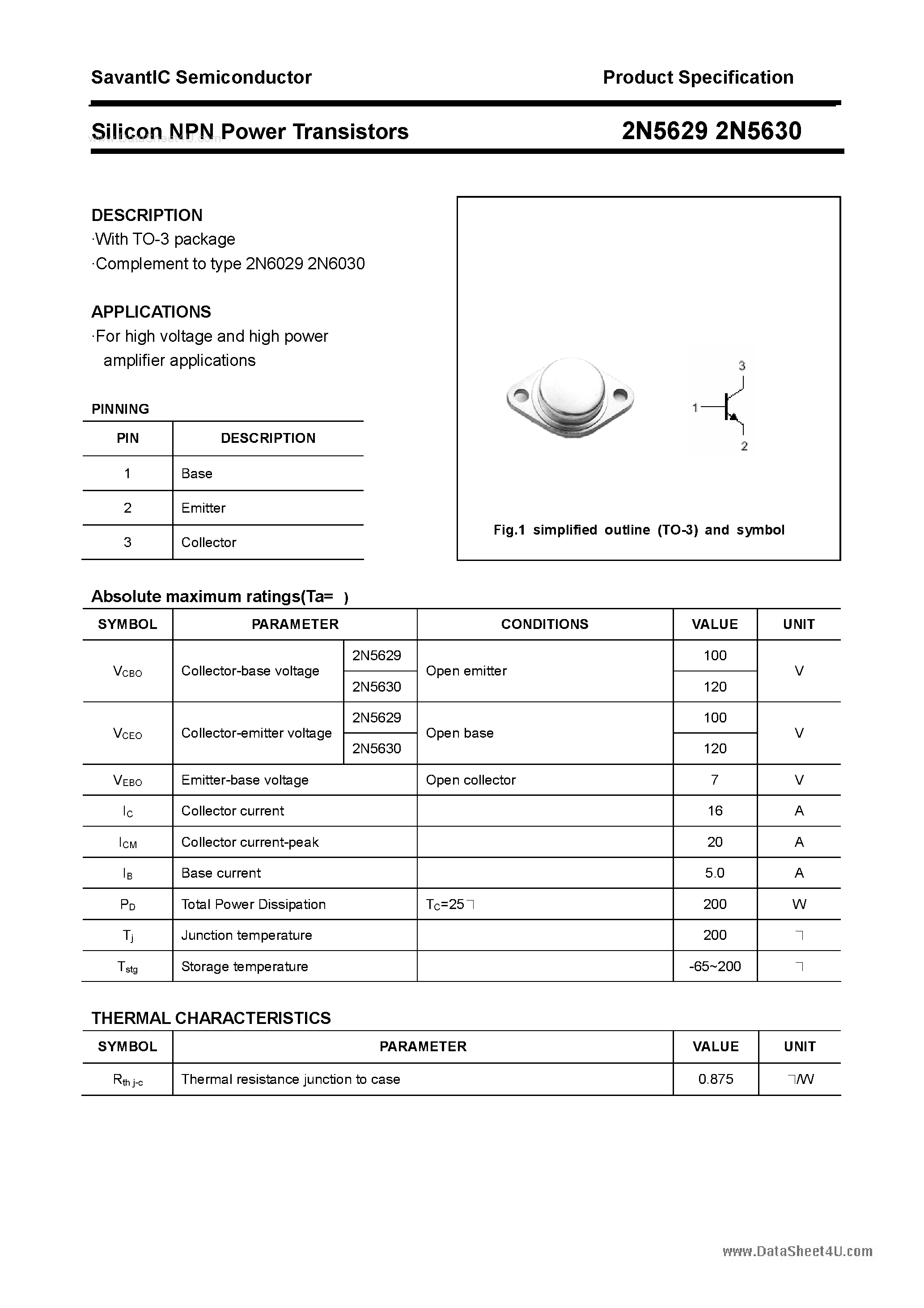 Даташит 2N5629 - (2N5629 / 2N5630) Silicon NPN Power Transistors страница 1