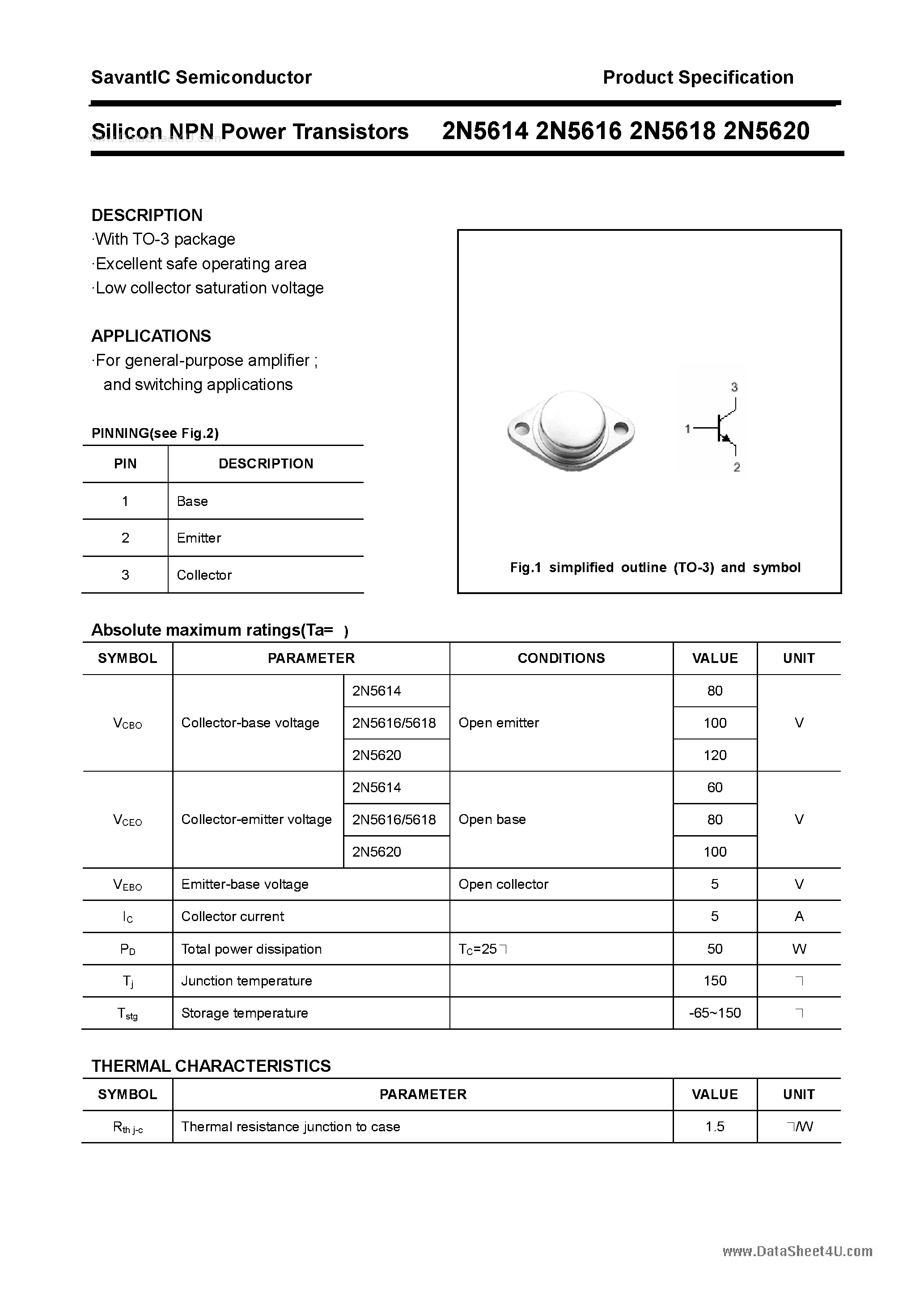 Даташит на микросхему 2N5614 страница 1 Даташит 2N5614 - (2N5614 - 2N5620) Silicon NPN Power Transistors страница 1