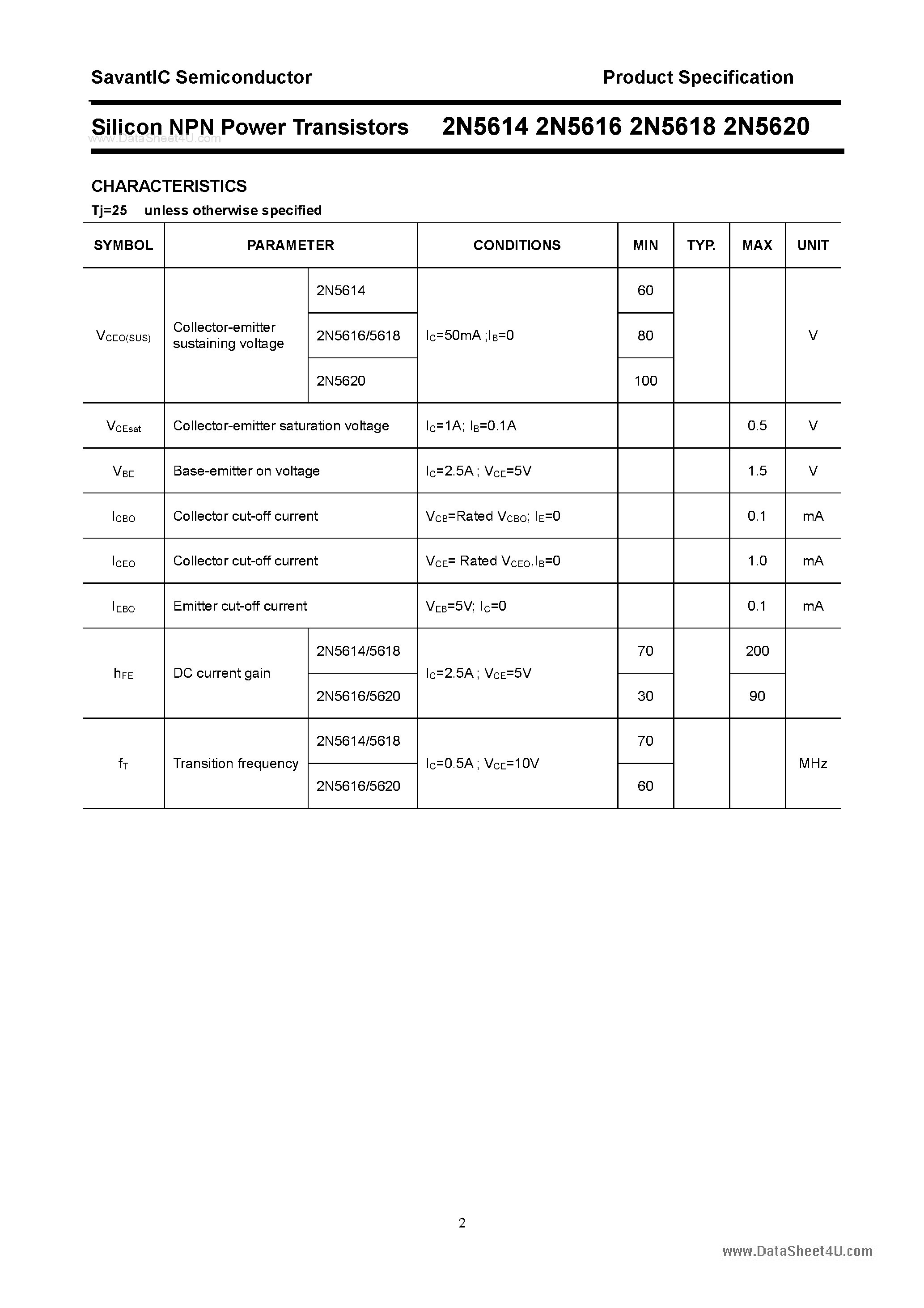 Даташит на микросхему 2N5614 страница 2 Даташит 2N5614 - (2N5614 - 2N5620) Silicon NPN Power Transistors страница 2