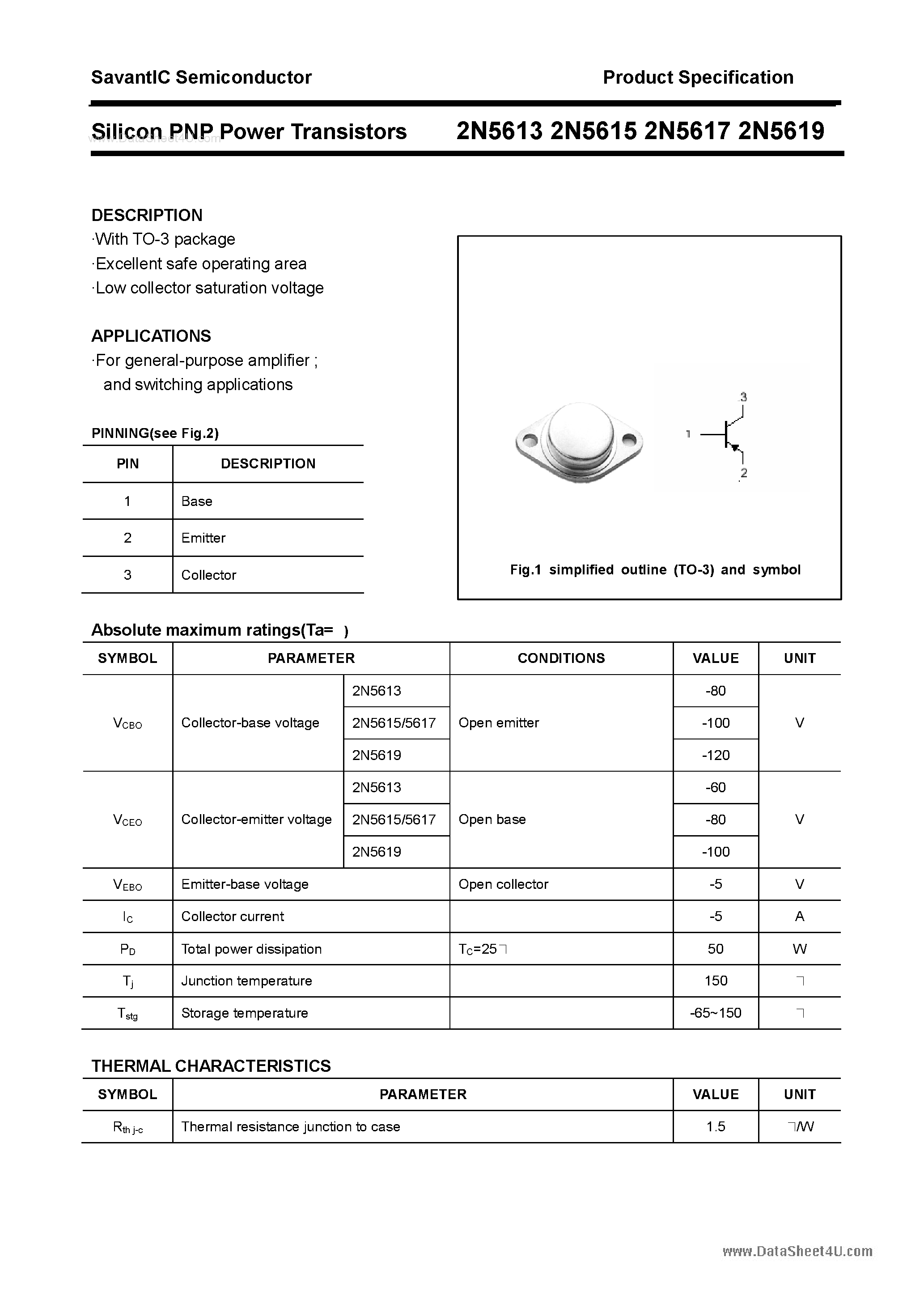 Даташит 2N5613 - (2N5613 - 2N5619) Silicon PNP Power Transistors страница 1