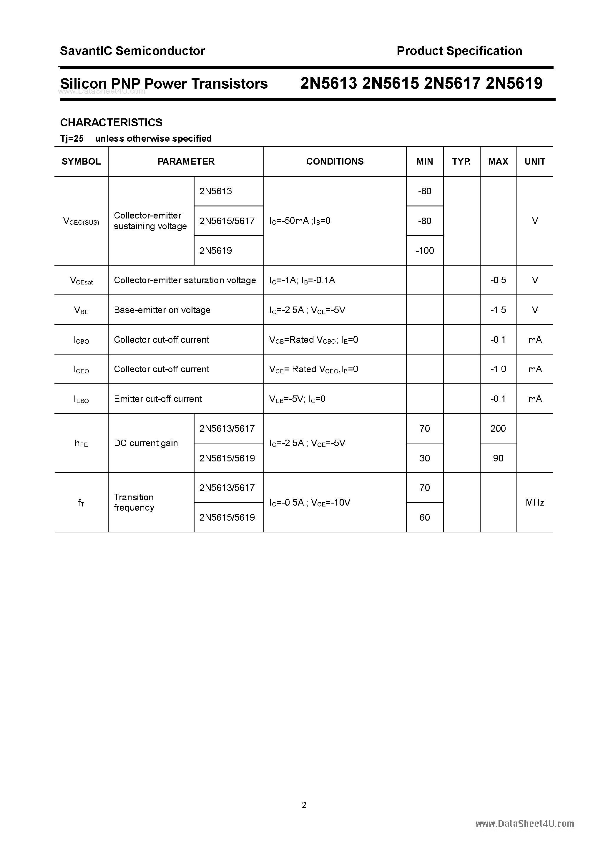 Даташит 2N5613 - (2N5613 - 2N5619) Silicon PNP Power Transistors страница 2
