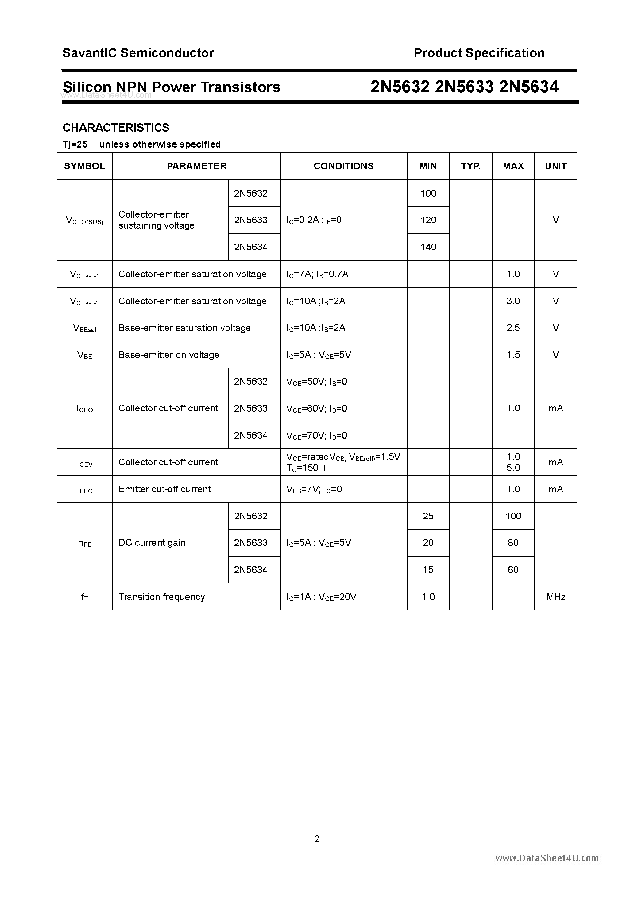Даташит на микросхему 2N5632 страница 2 Даташит 2N5632 - (2N5632 - 2N5634) Silicon NPN Power Transistors страница 2