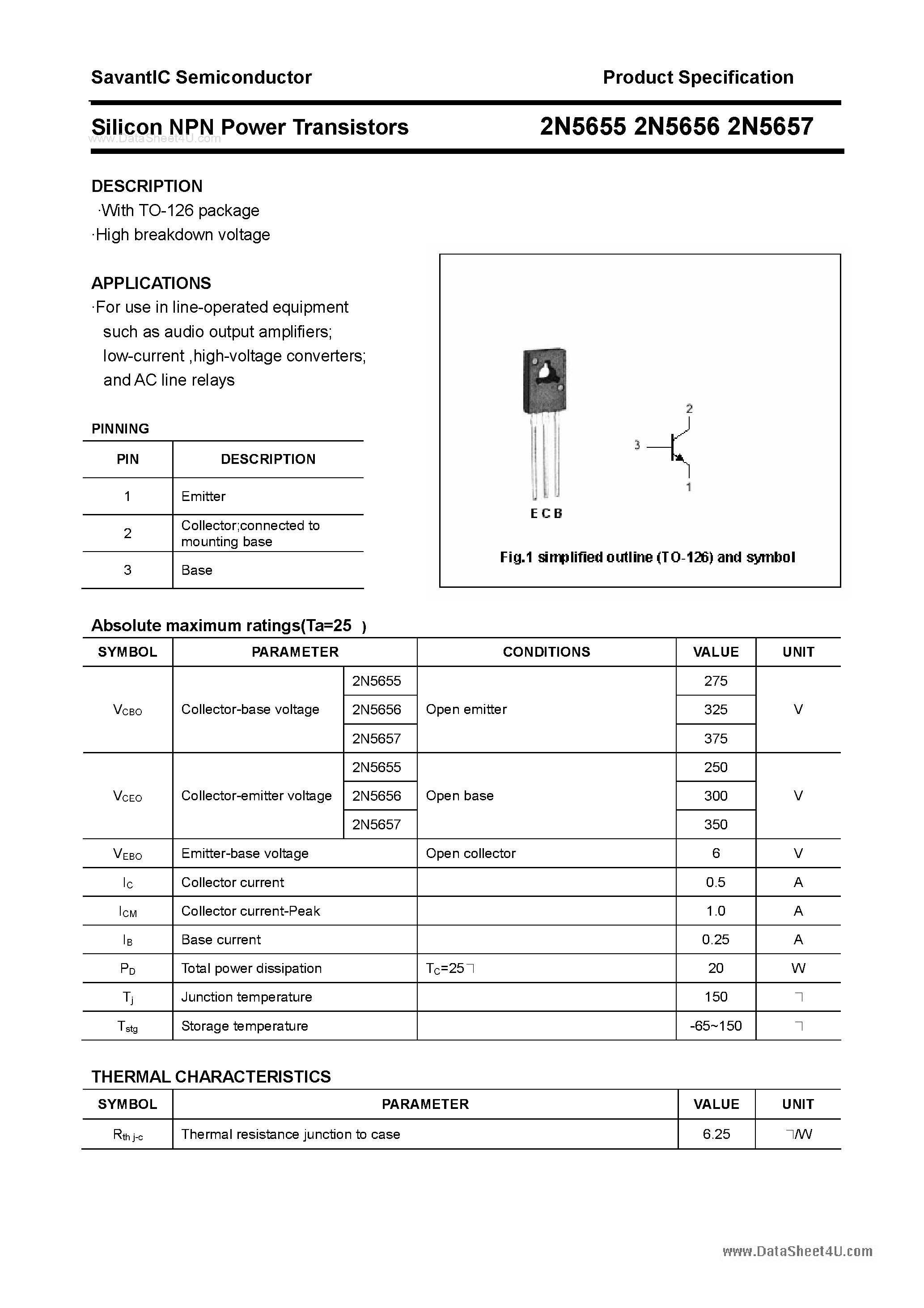Даташит 2N5655 - (2N5655 - 2N5657) Silicon NPN Power Transistors страница 1
