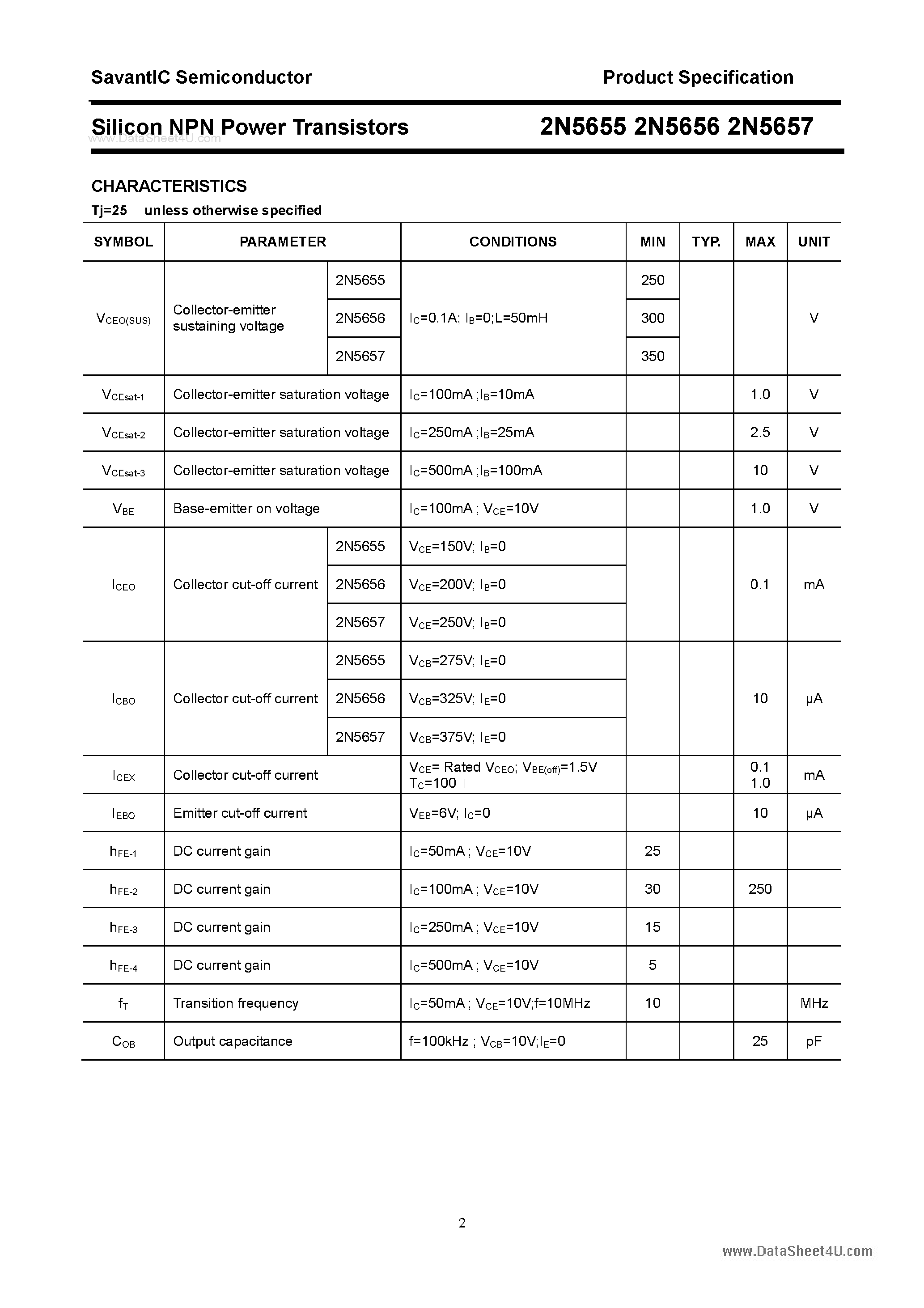 Даташит 2N5655 - (2N5655 - 2N5657) Silicon NPN Power Transistors страница 2