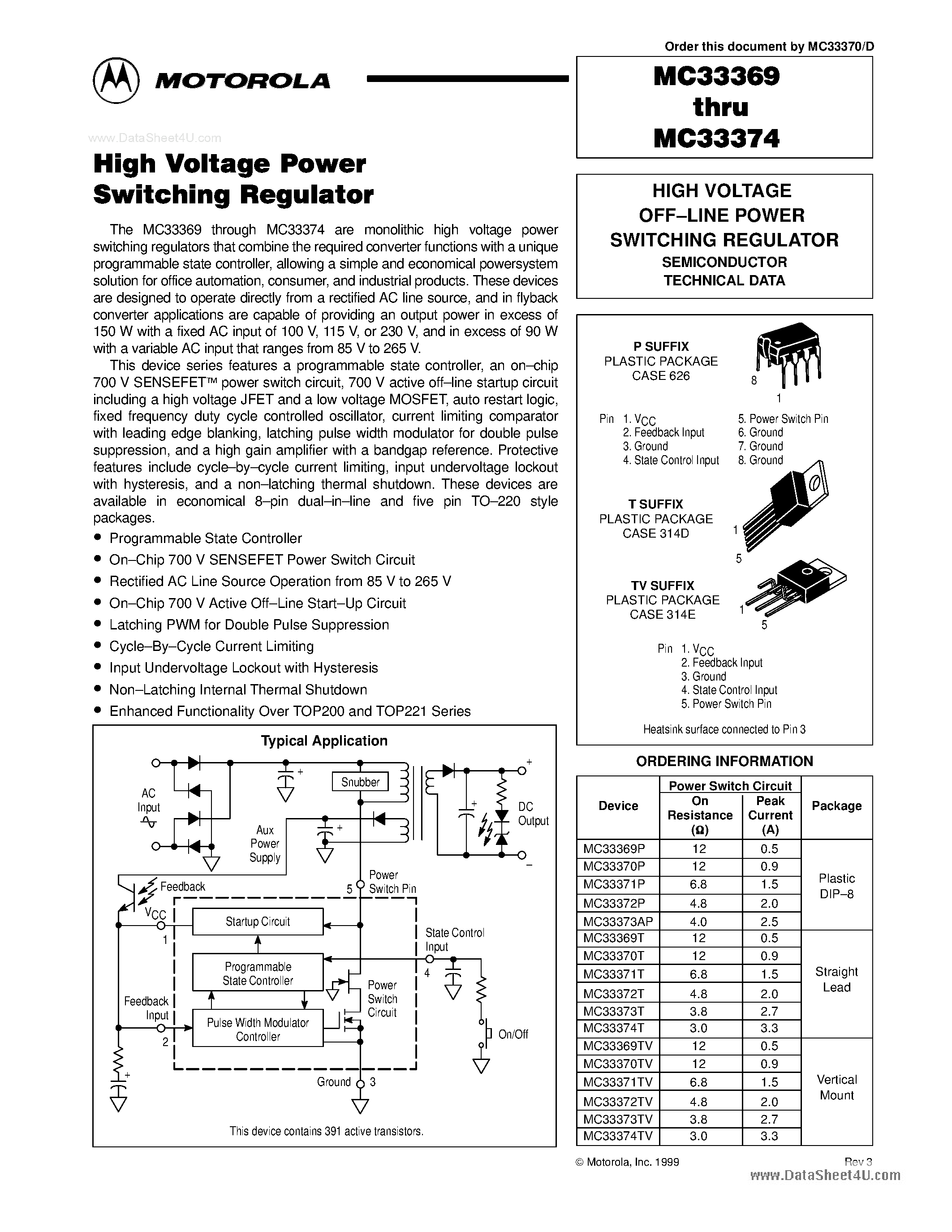 Datasheet MC33369P page 1 Datasheet MC33369P - (MC33369 - MC33374) High Voltage Off Line Power Switching Regulator page 1