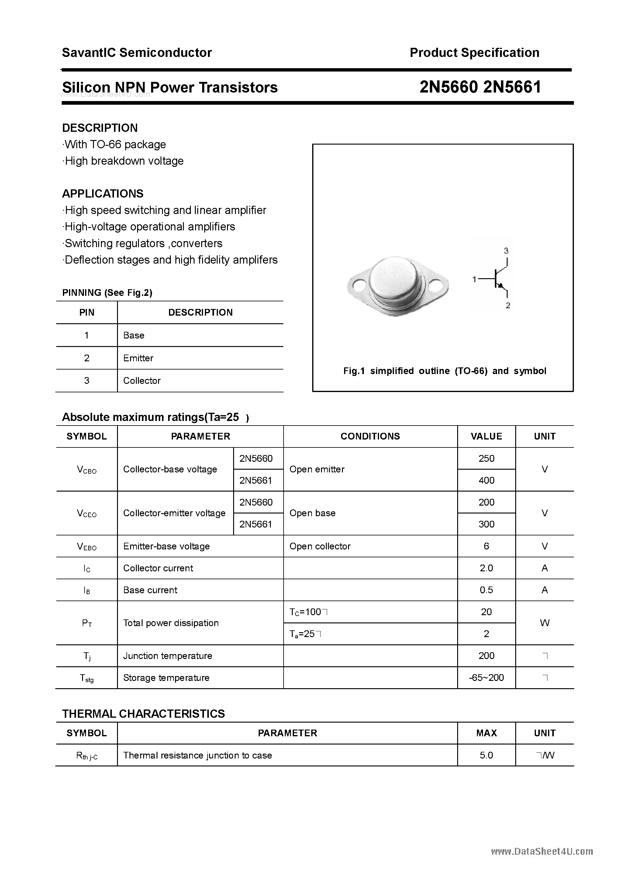 Даташит 2N5660 - (2N5660 / 2N5661) Silicon NPN Power Transistors страница 1