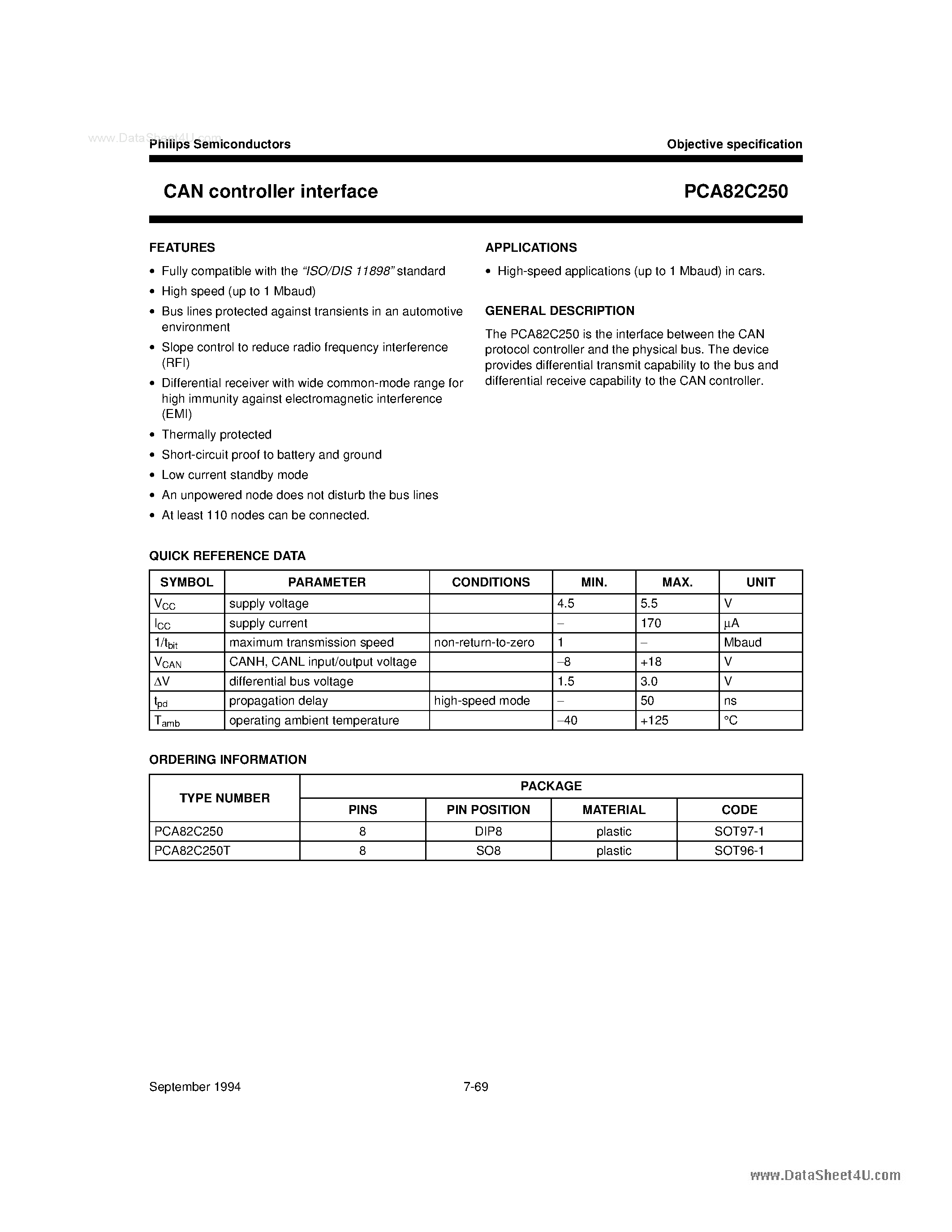 Даташит на микросхему 82C250 страница 1 Даташит 82C250 - CAN controller interface страница 1