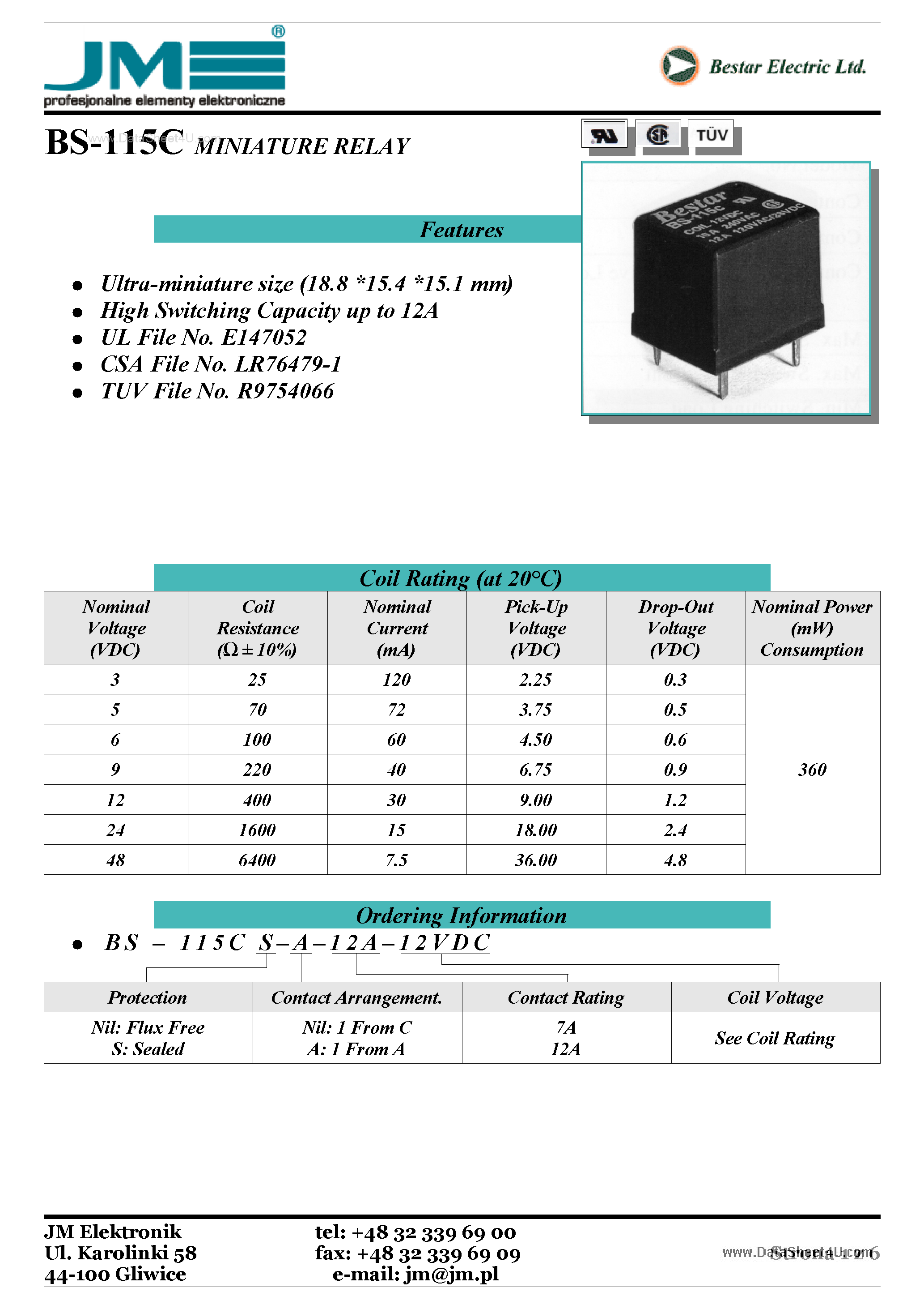 Даташит BS-115C - Miniature Relay страница 1
