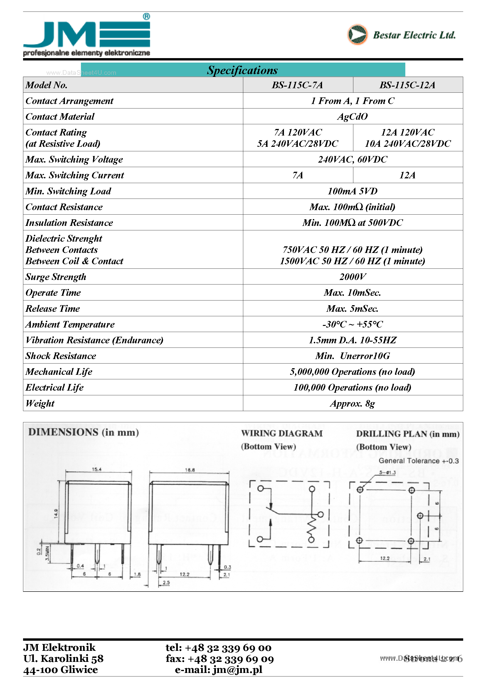 Даташит BS-115C - Miniature Relay страница 2