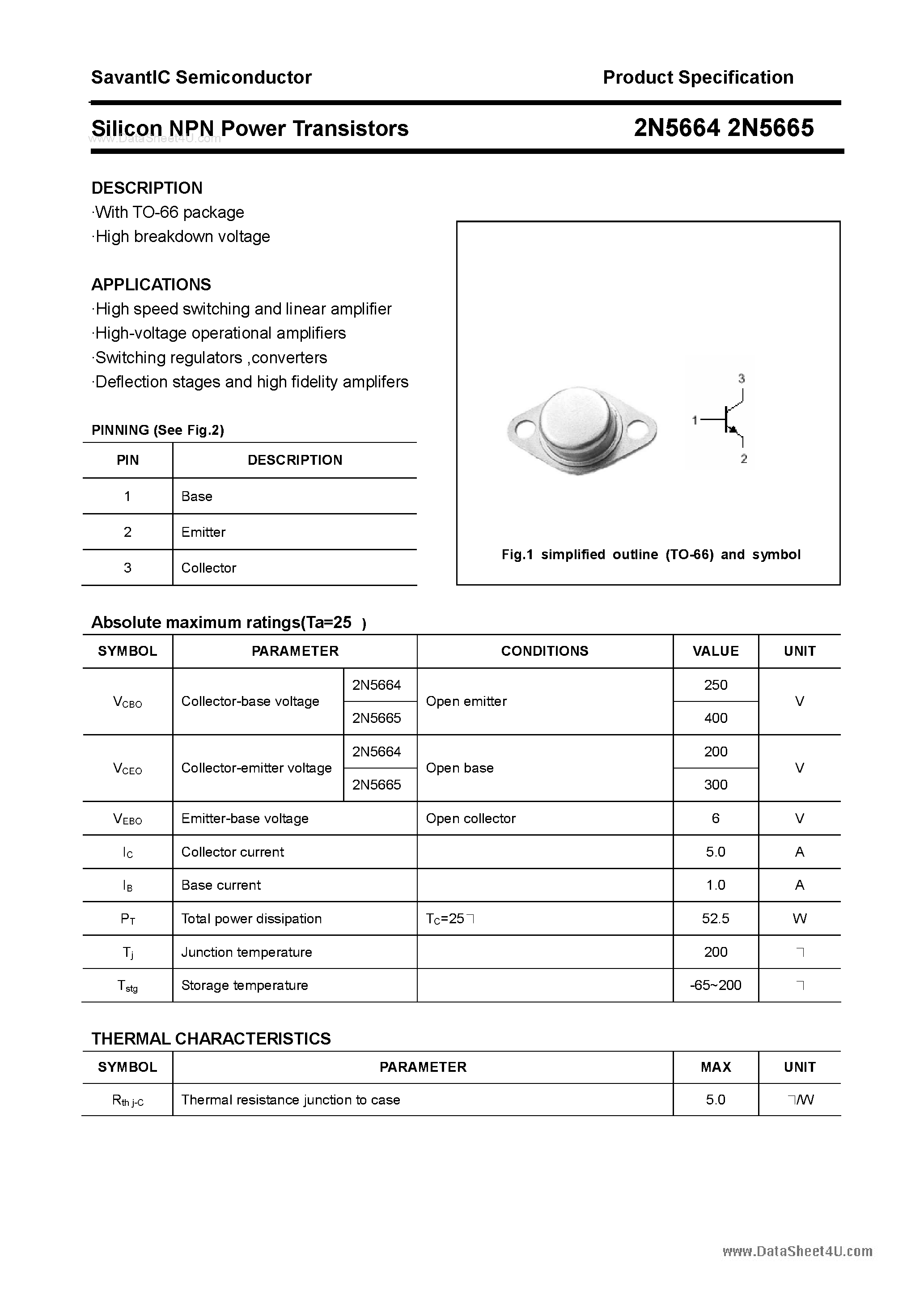 Даташит 2N5664 - (2N5664 / 2N5665) Silicon NPN Power Transistors страница 1