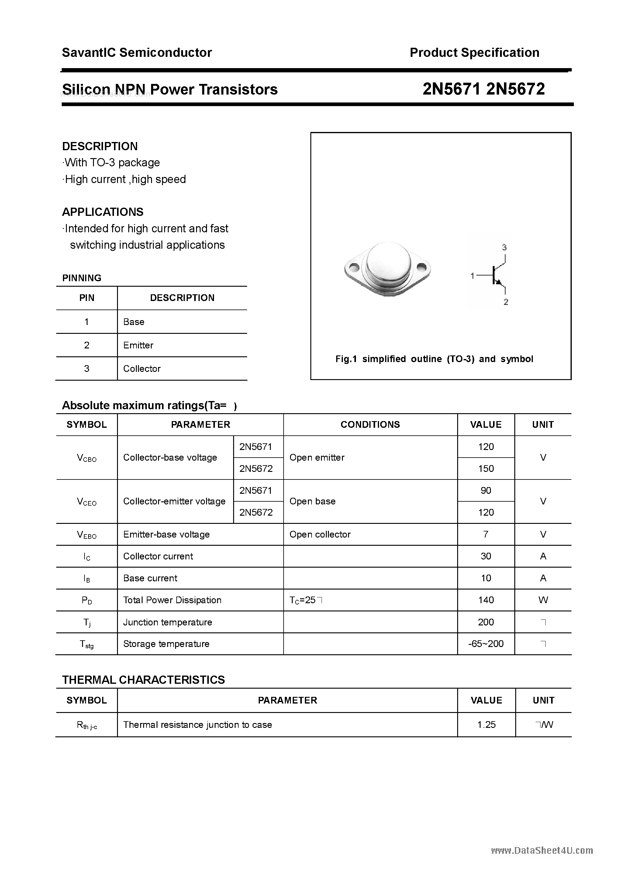 Даташит 2N5671 - (2N5671 / 2N5672) Silicon NPN Power Transistors страница 1