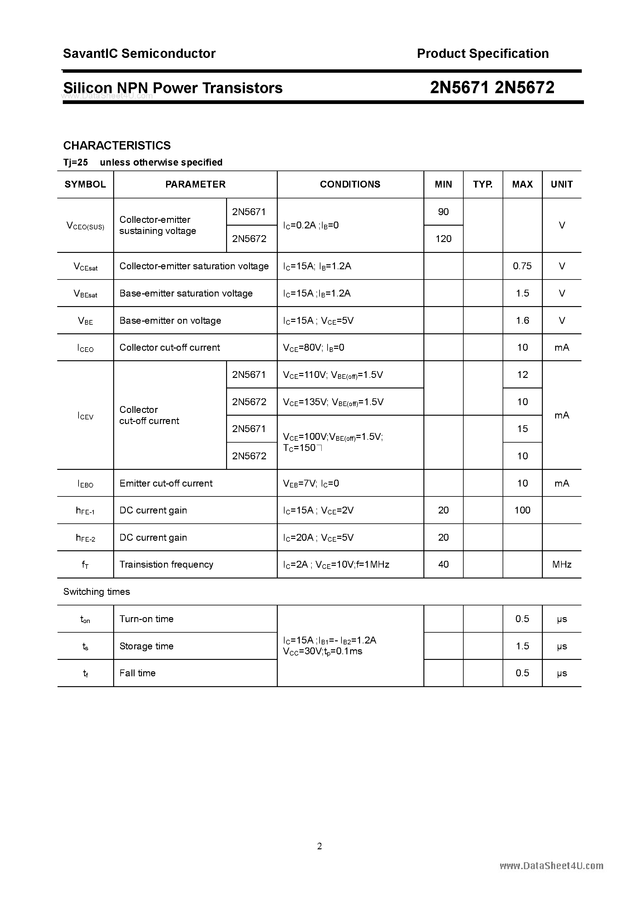Даташит 2N5671 - (2N5671 / 2N5672) Silicon NPN Power Transistors страница 2