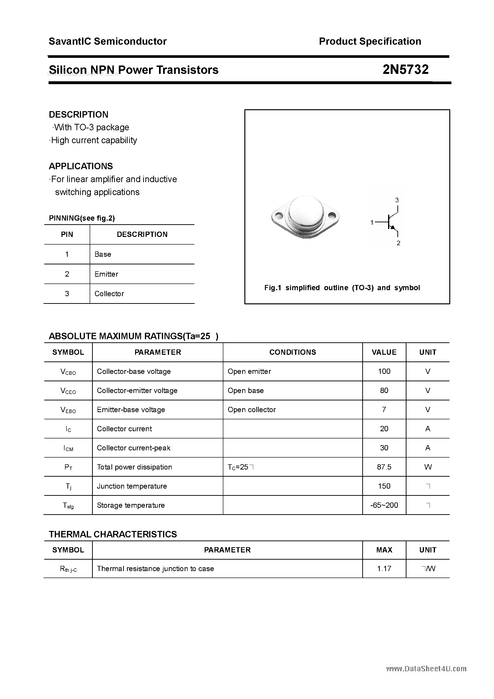Даташит 2N5732 - Silicon NPN Power Transistors страница 1