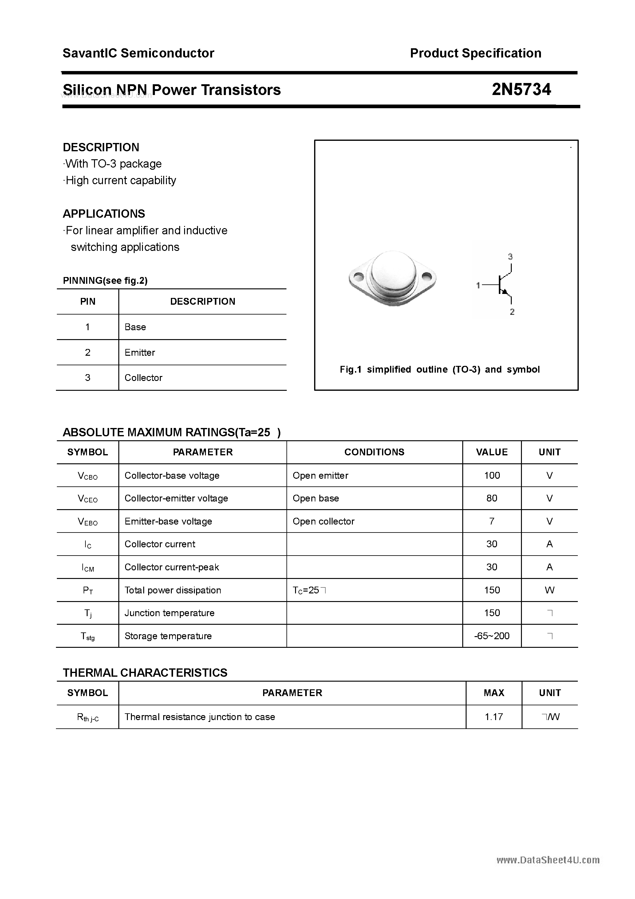 Даташит 2N5734 - Silicon NPN Power Transistors страница 1