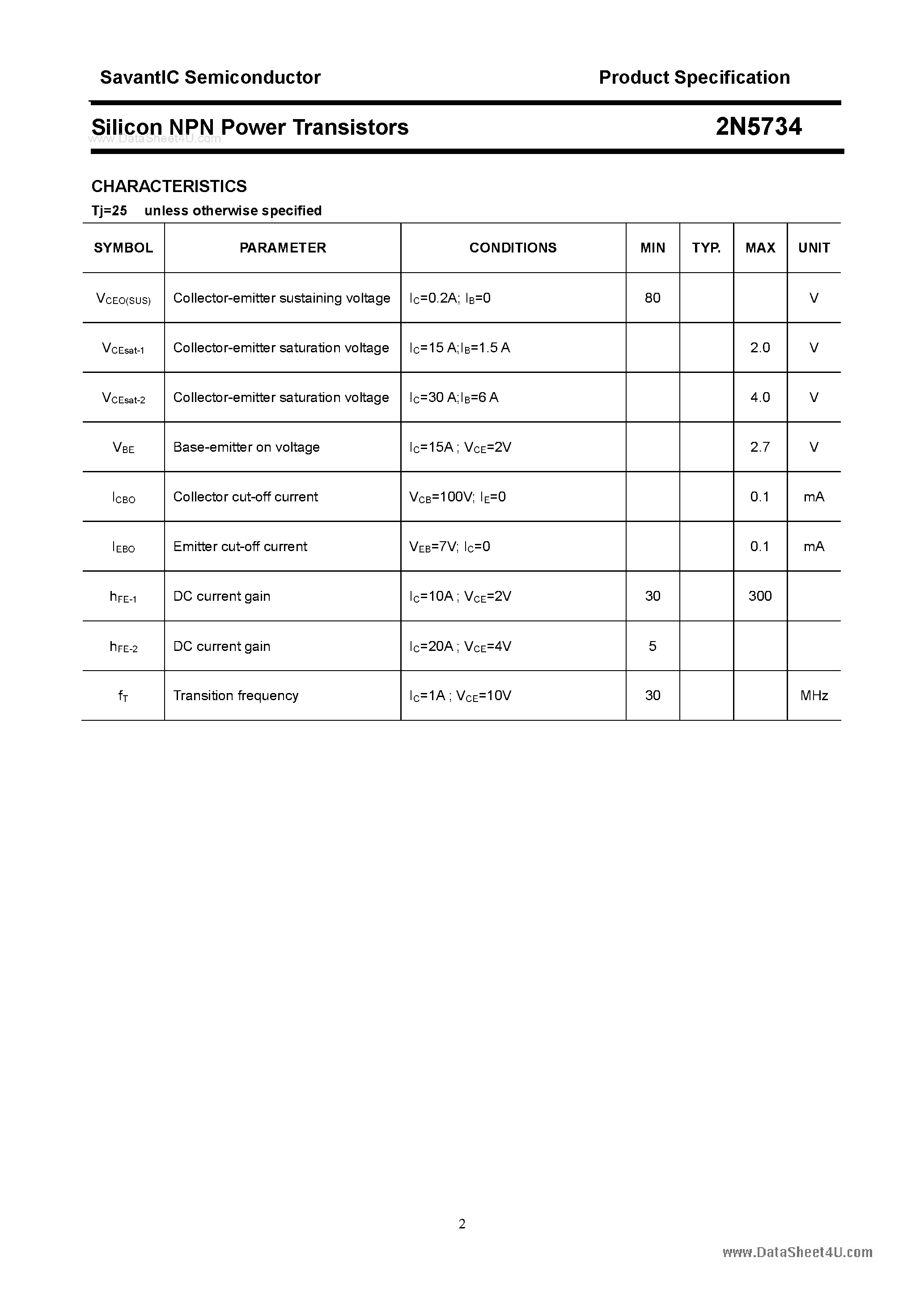 Даташит 2N5734 - Silicon NPN Power Transistors страница 2