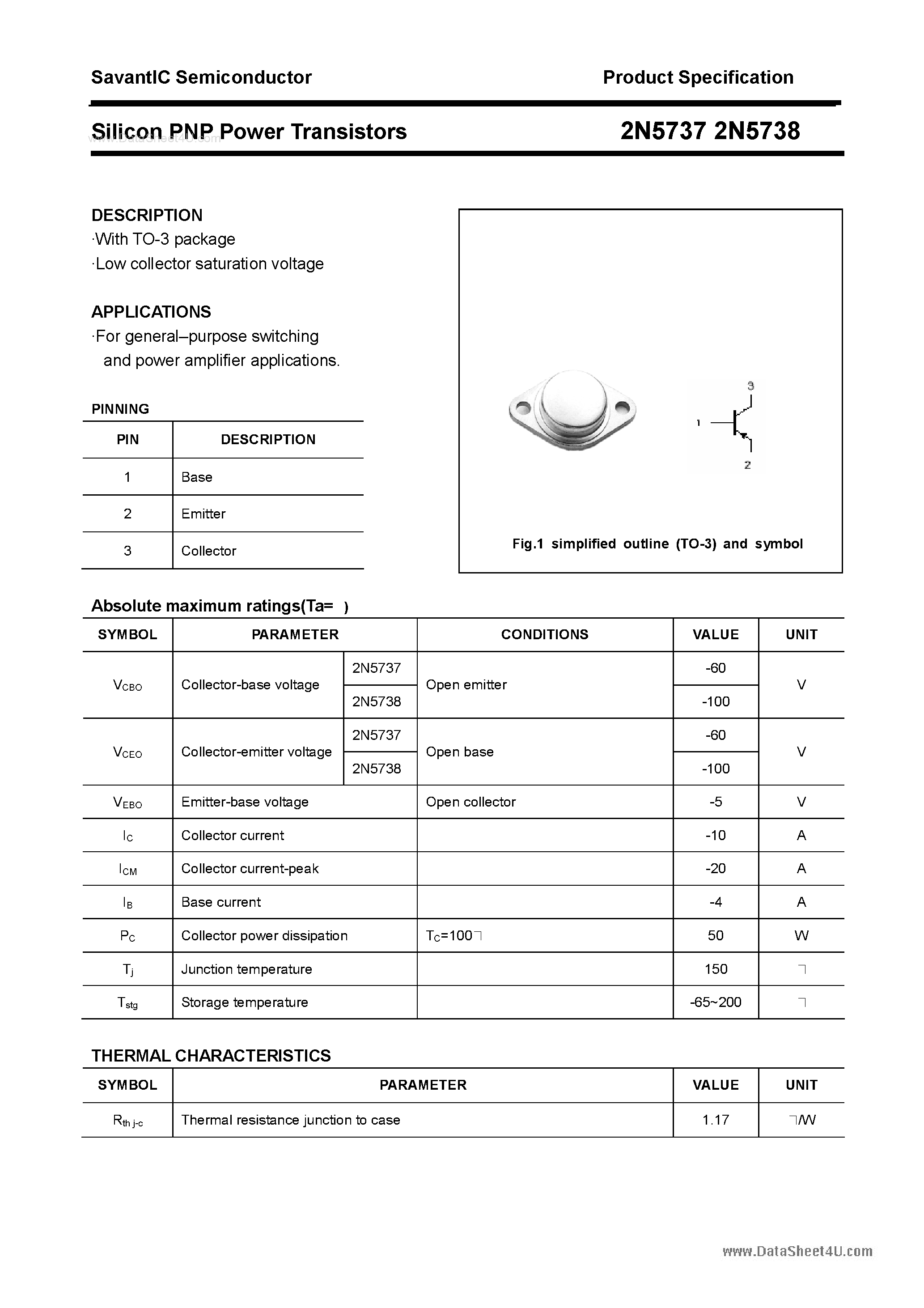 Даташит 2N5737 - (2N5737 / 2N5738) Silicon PNP Power Transistors страница 1
